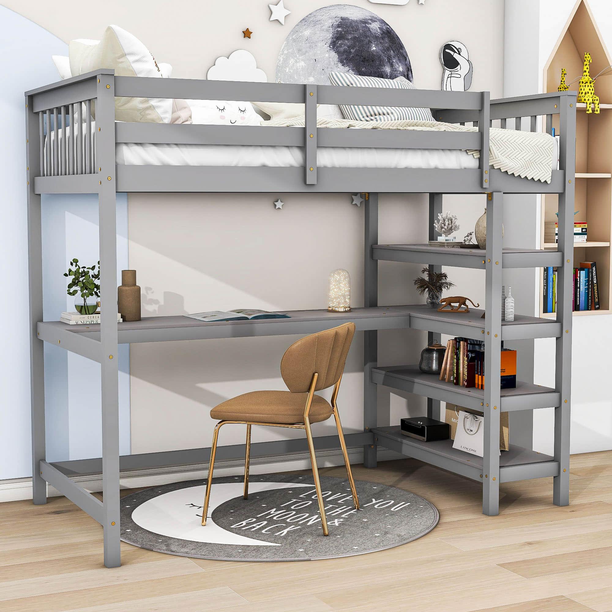 Wood Twin Loft Bed with Desk and Storage for Adults, Teens, Gamers