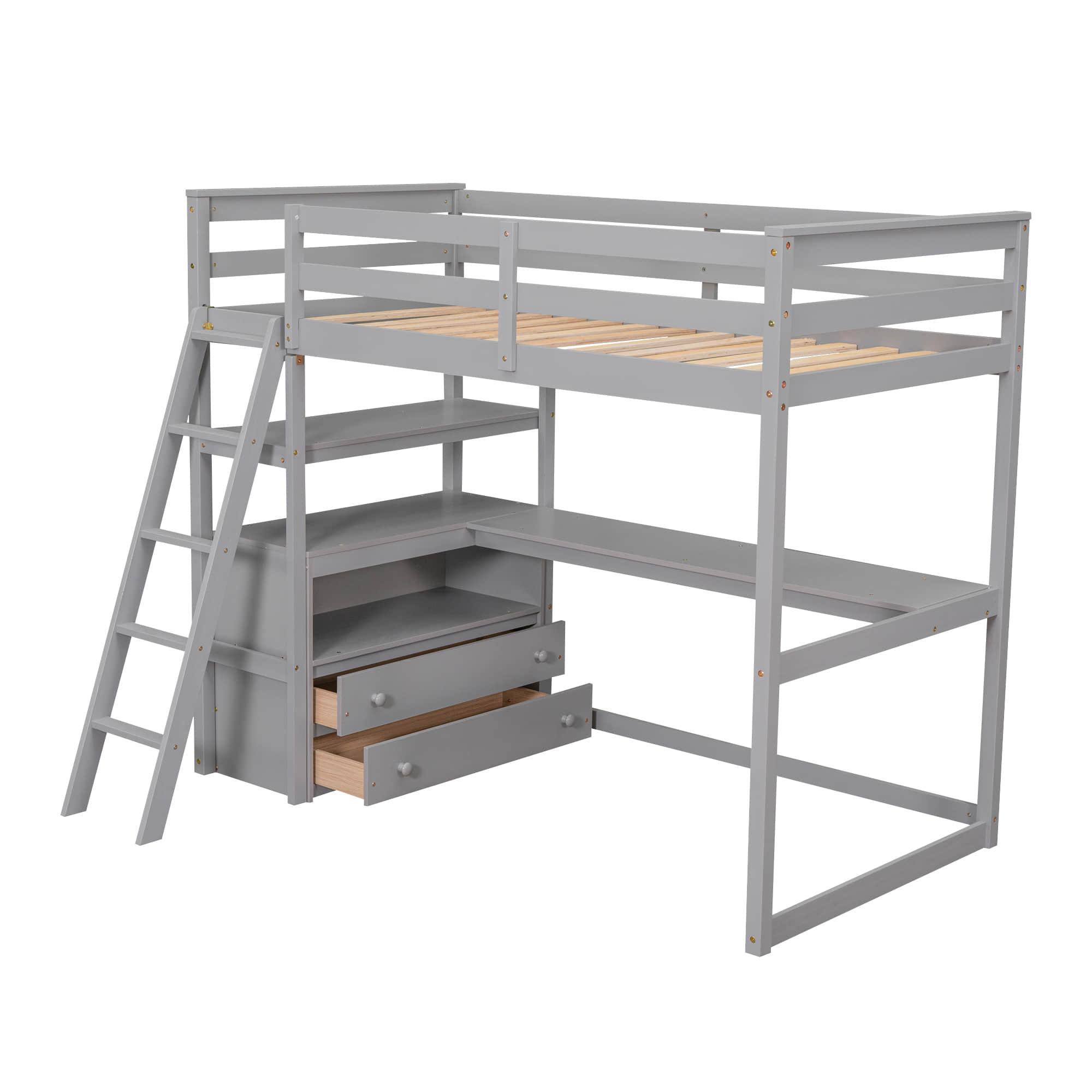 Twin Loft Bed with Desk and Storage Drawers, Shelves for Adult, Kids, Jr - [Wood]