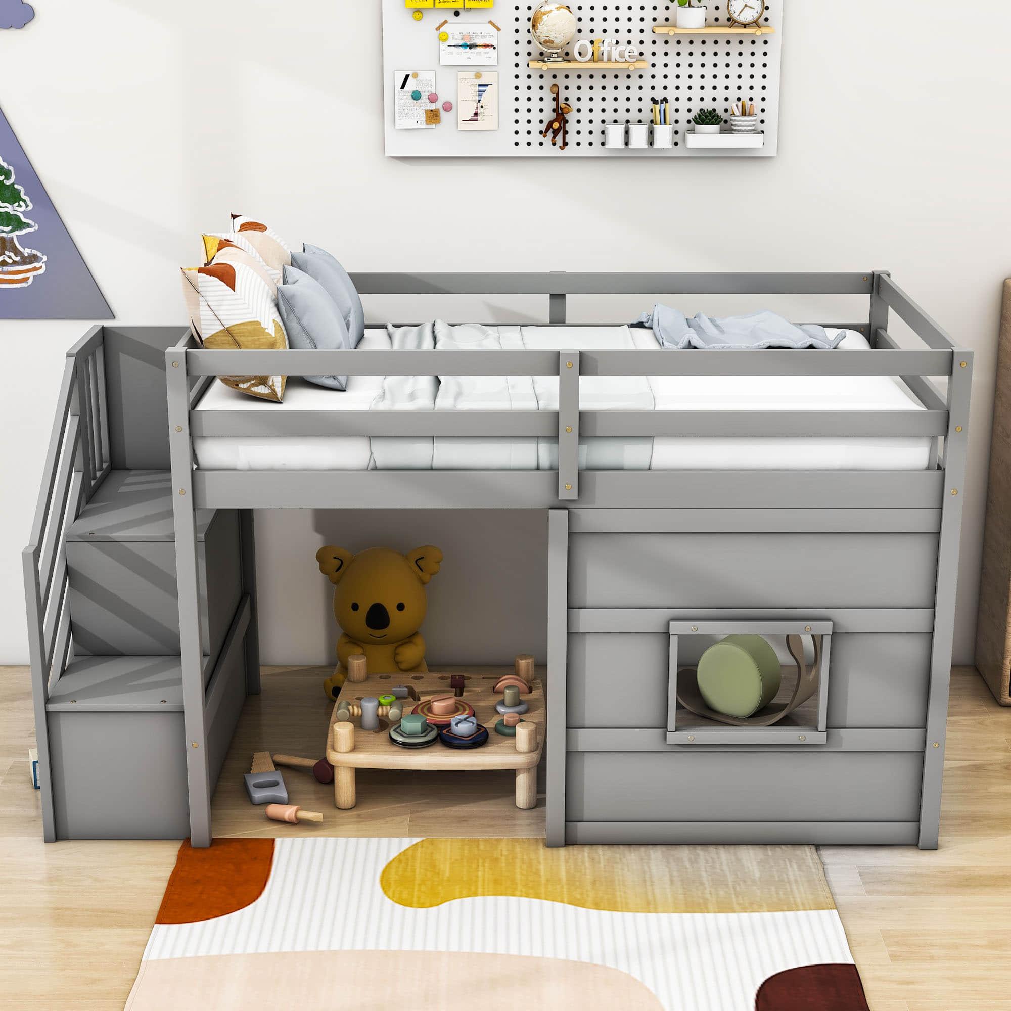 Wooden Low Twin Loft Bed with Storage Stairs for Kids, Toddler