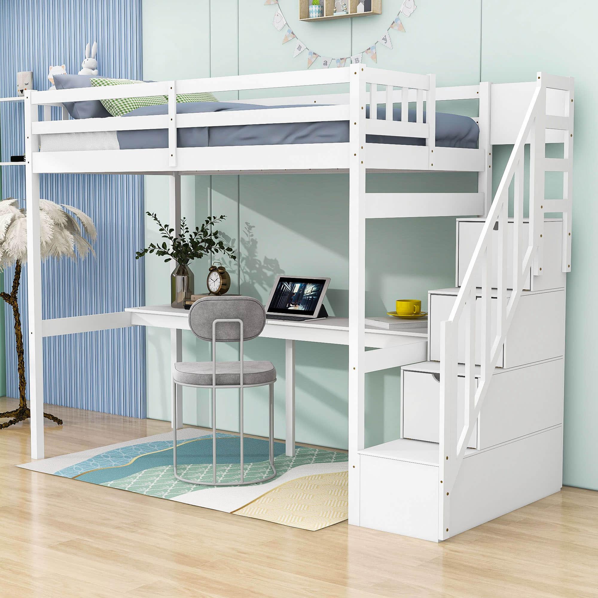 Twin Loft Bed with Desk and Storage Stairs for Adults, Kids, Teens