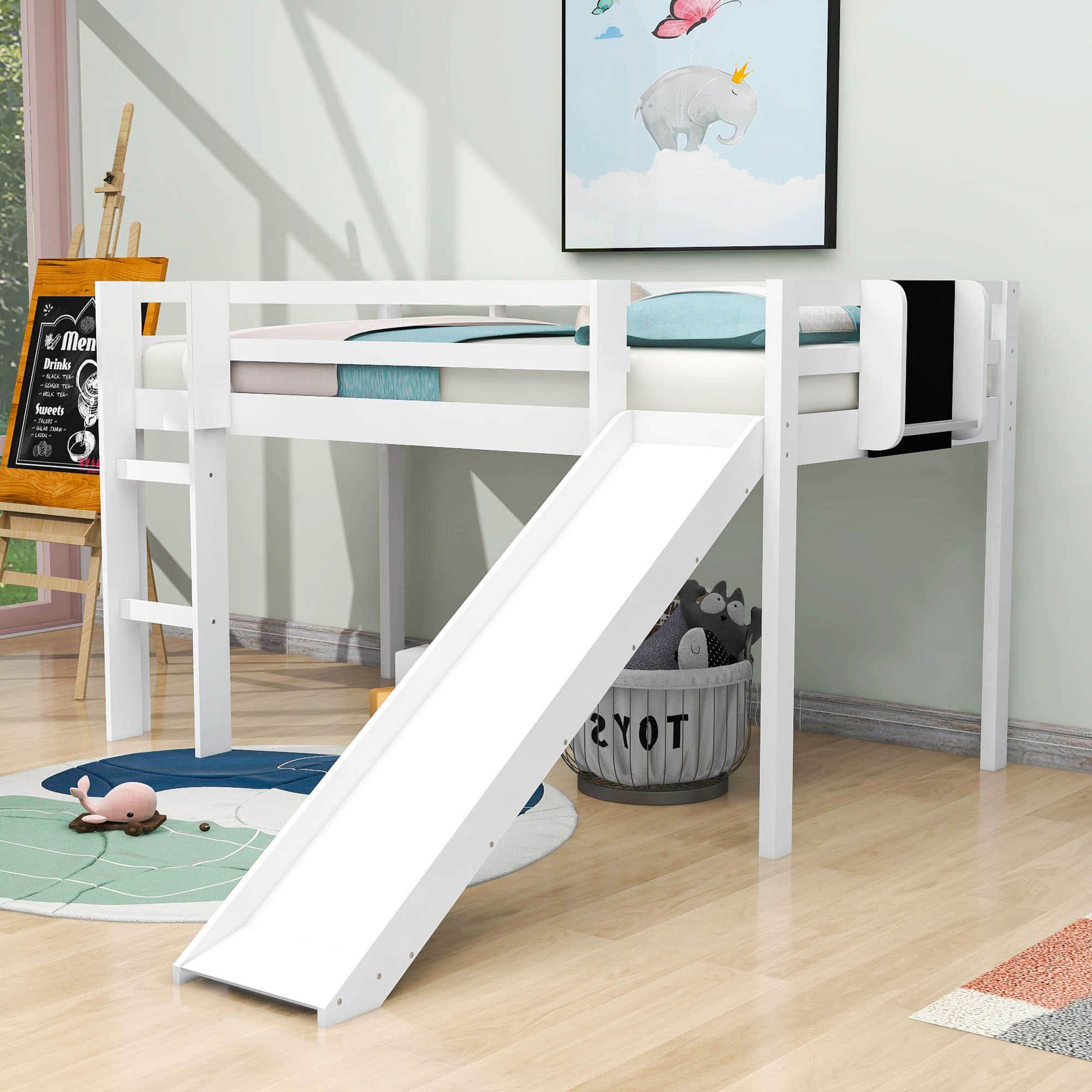 Low Twin Loft Bed with Slide and Chalkboard for Kids - [Wood, Interchangeable]