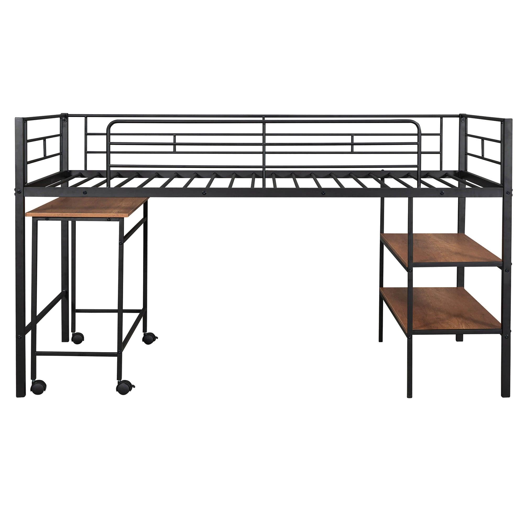 Metal Low Twin Loft Bed with Desk and Storage Shelves for Kids