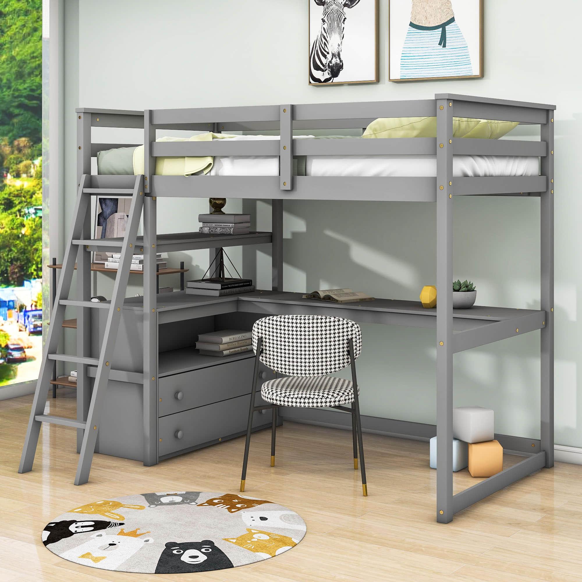 Twin Loft Bed with Desk and Storage Drawers, Shelves for Adult, Kids, Jr - [Wood]