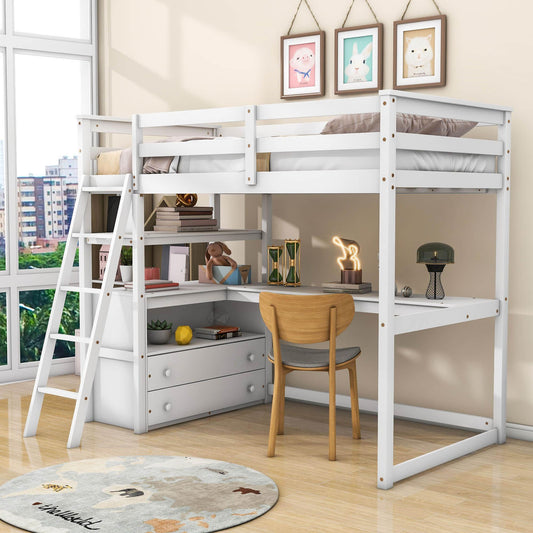 Twin Loft Bed with Desk and Storage Drawers, Shelves for Adult, Kids, Jr - [Wood]