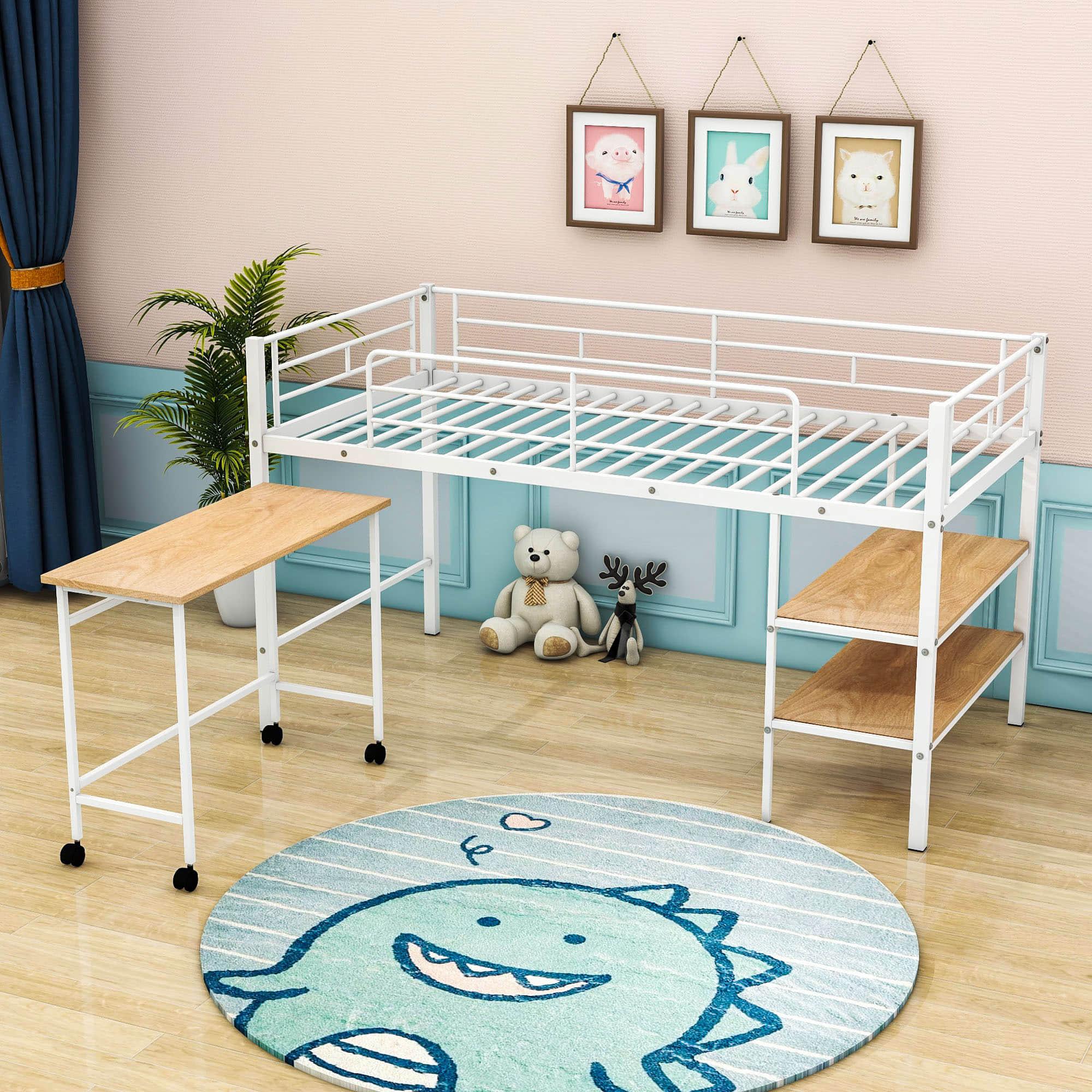 Metal Low Twin Loft Bed with Desk and Storage Shelves for Kids