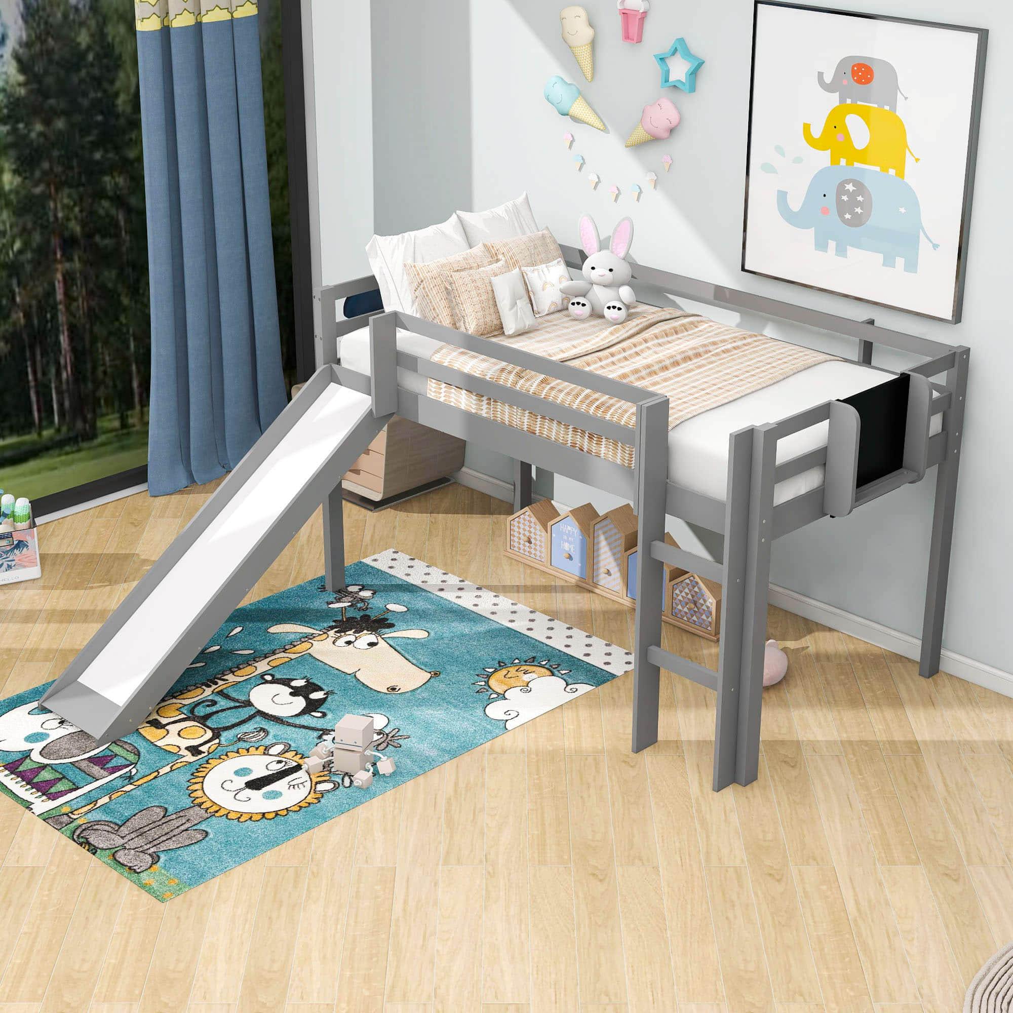 Low Twin Loft Bed with Slide and Chalkboard for Kids - [Wood, Interchangeable]