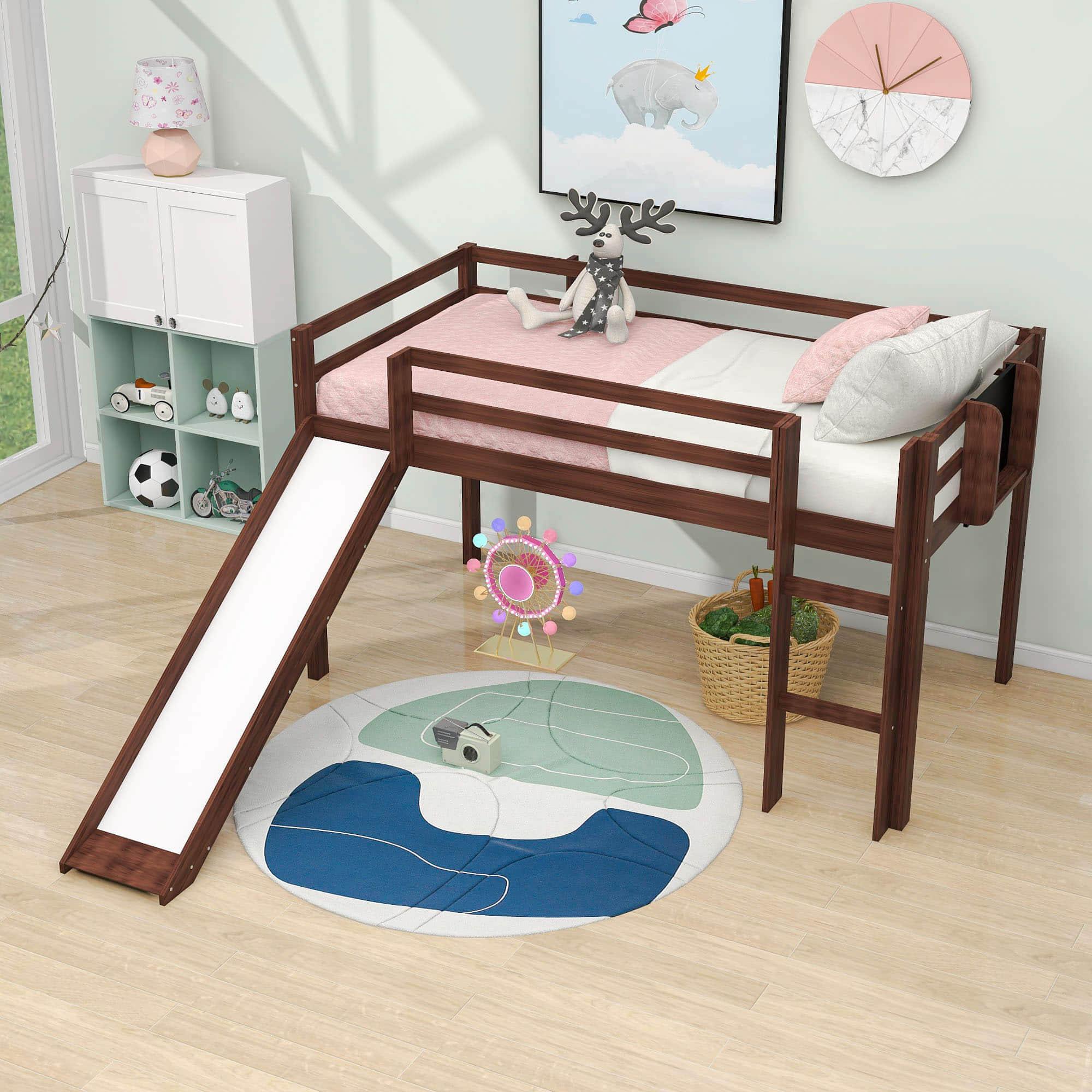 Low Twin Loft Bed with Slide and Chalkboard for Kids - [Wood, Interchangeable]