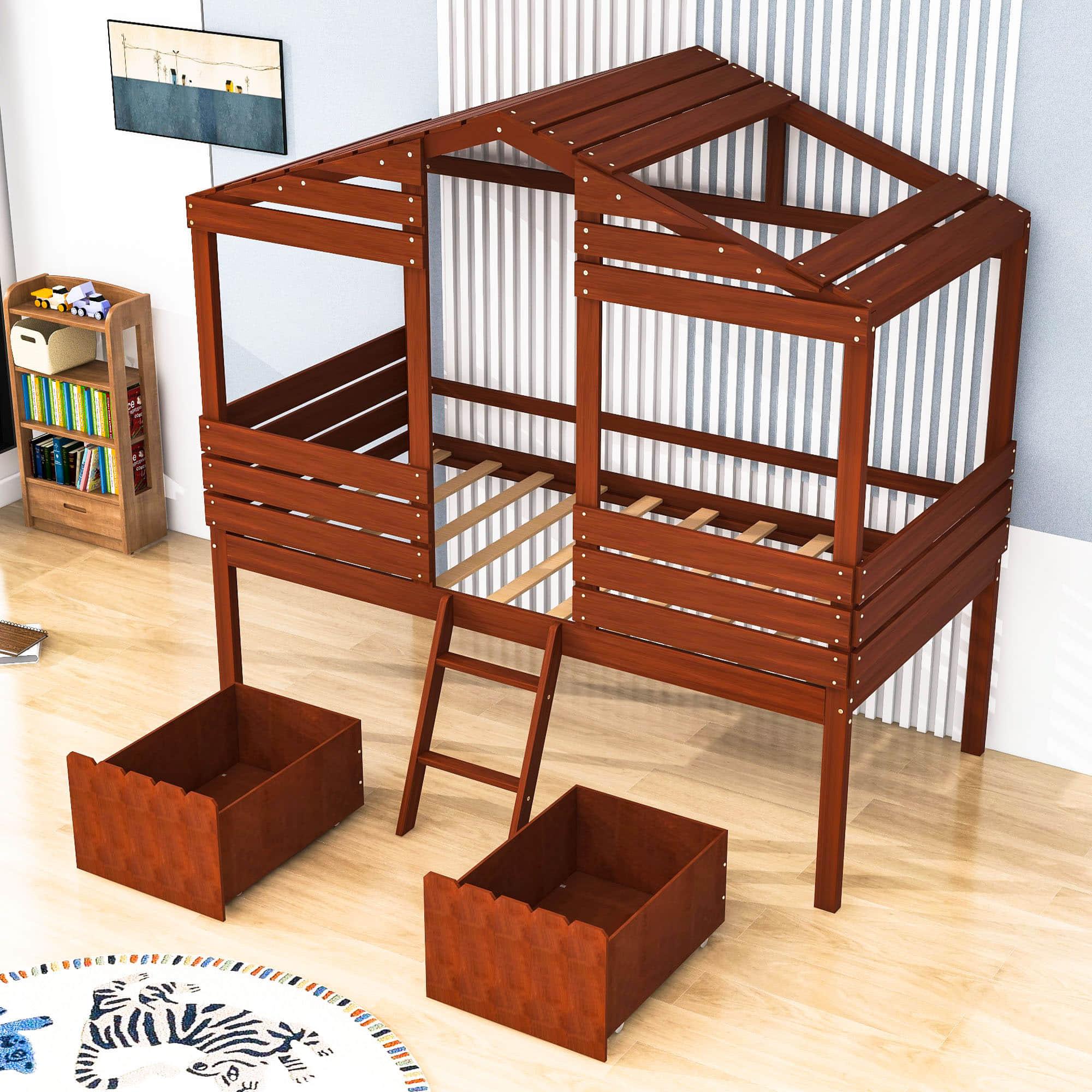 Twin Low Loft FarmHouse Bed with Storage Drawers for Kids - [Wood]