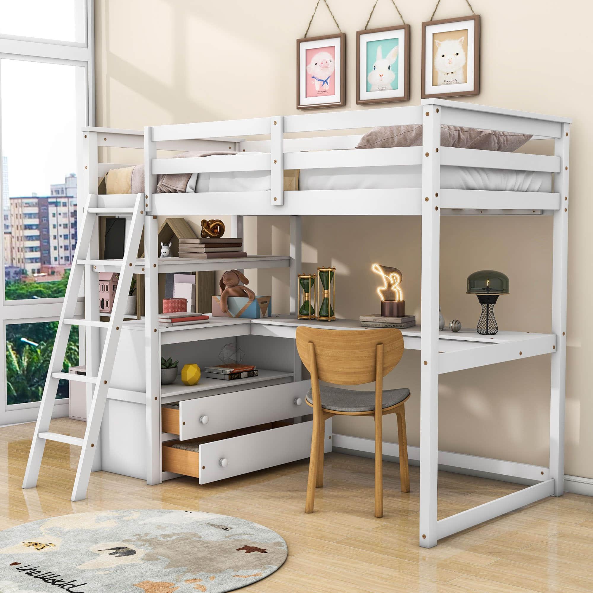 Twin Loft Bed with Desk and Storage Drawers, Shelves for Adult, Kids, Jr - [Wood]