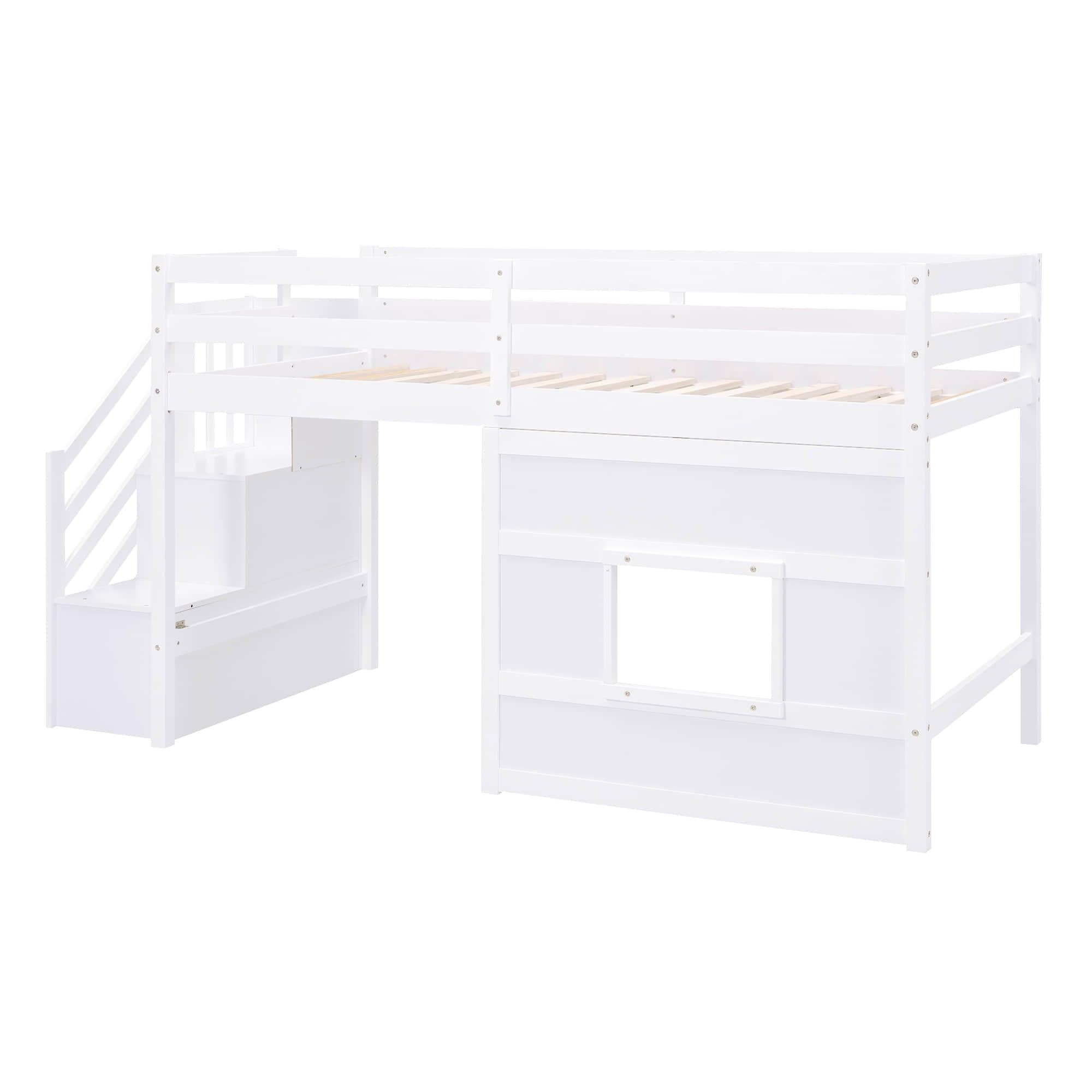 Wooden Low Twin Loft Bed with Storage Stairs for Kids, Toddler