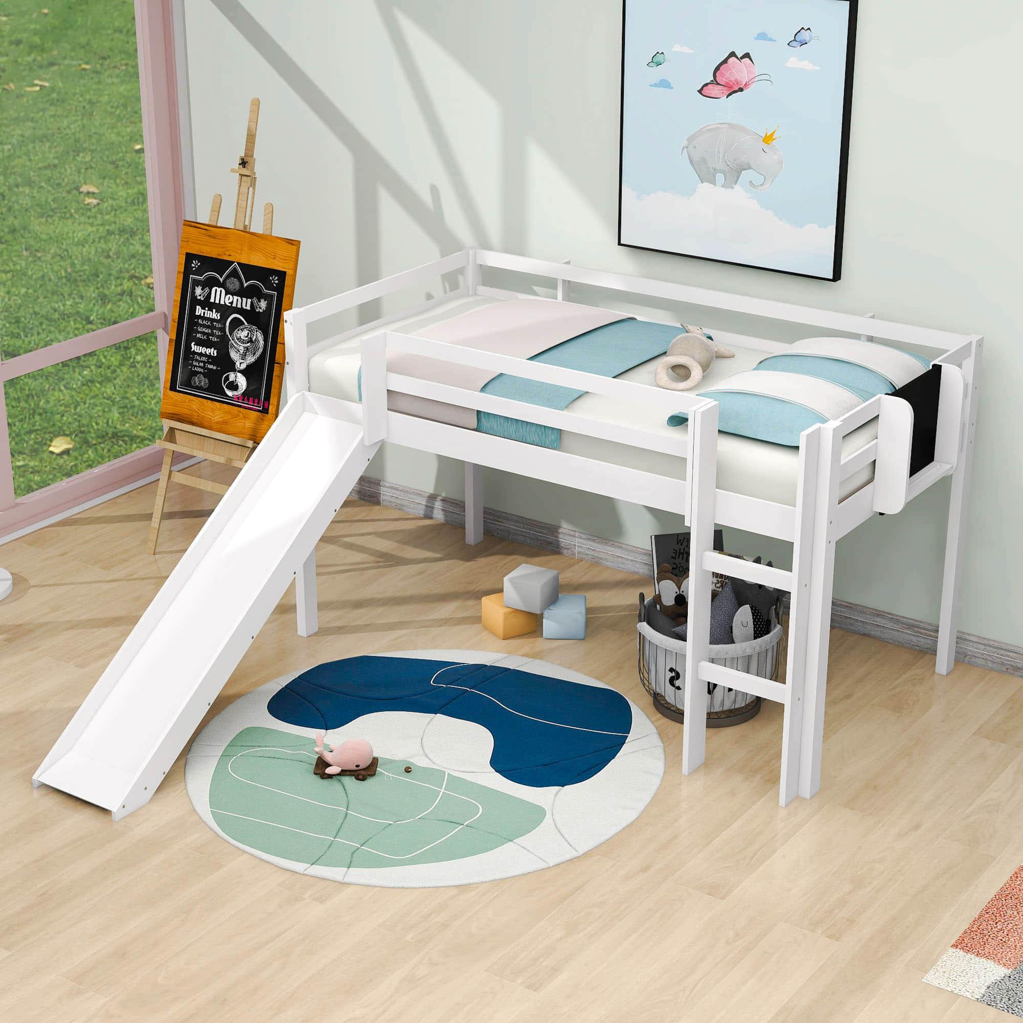 Low Twin Loft Bed with Slide and Chalkboard for Kids - [Wood, Interchangeable]