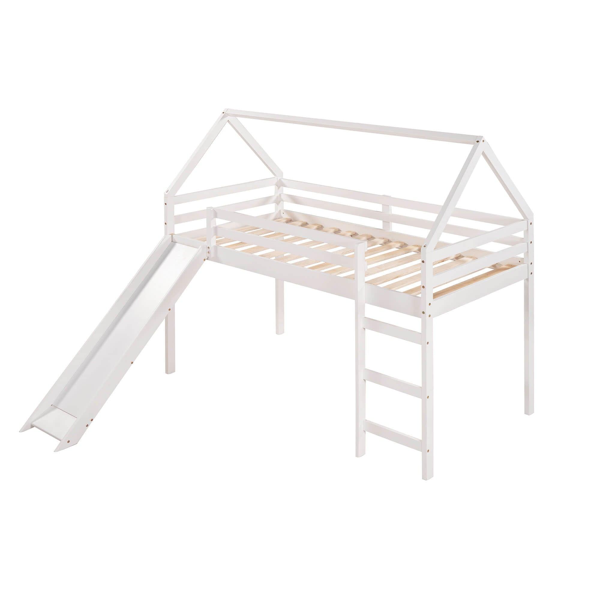 Wood House Twin Loft Bed for Kids with Slide