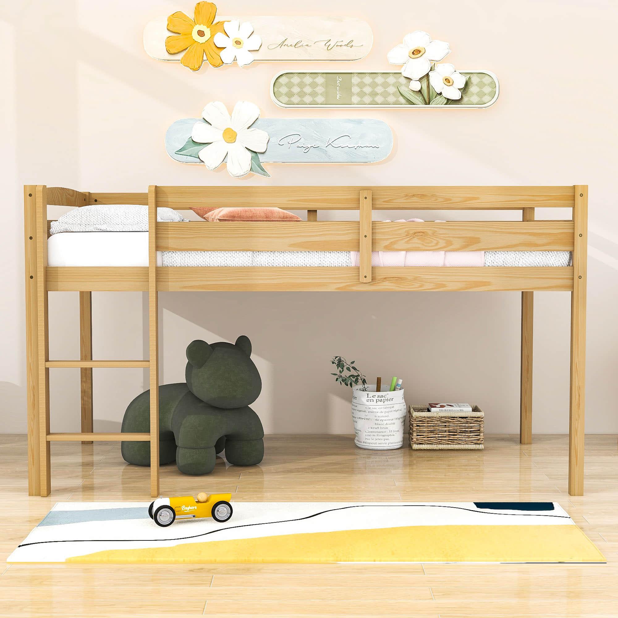 Wood Low Kids Twin Space Saving Loft Bed for Small Rooms