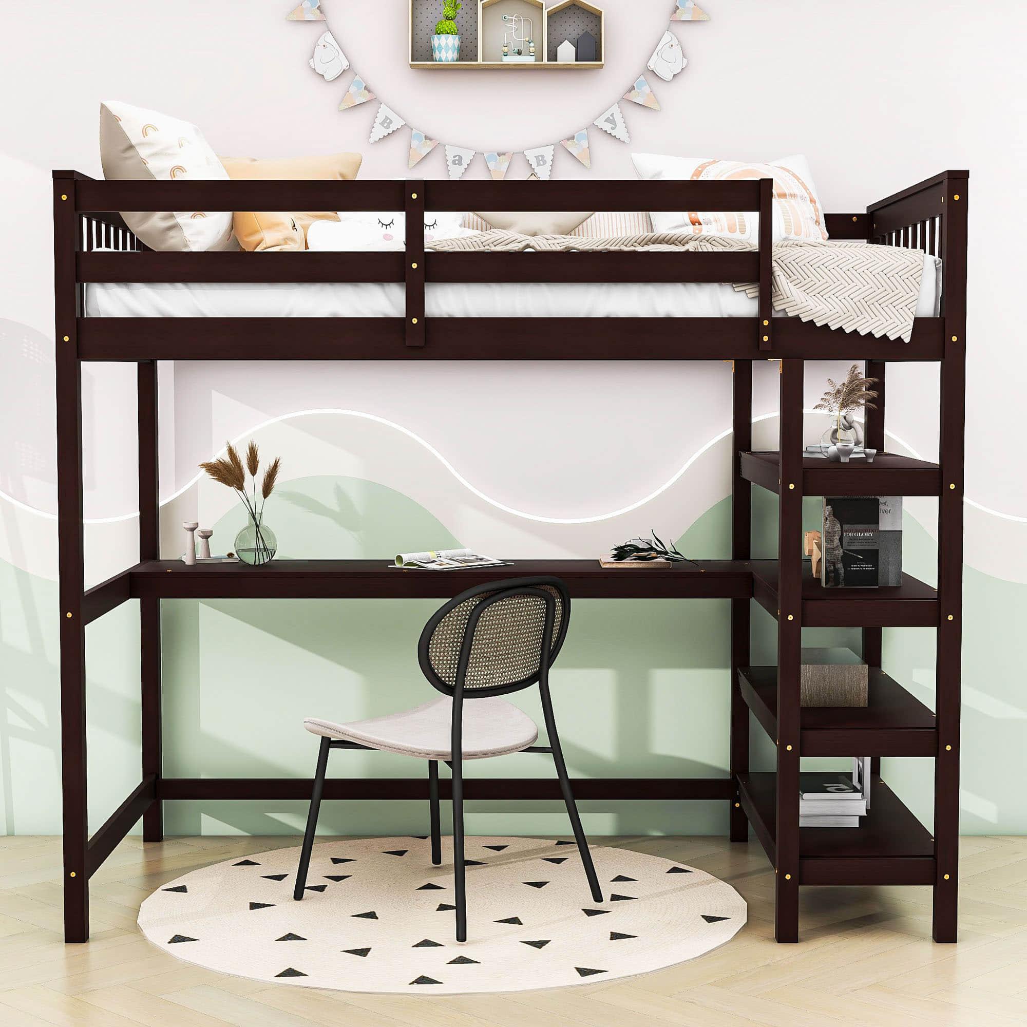 Wood Twin Loft Bed with Desk and Storage for Adults, Teens, Gamers