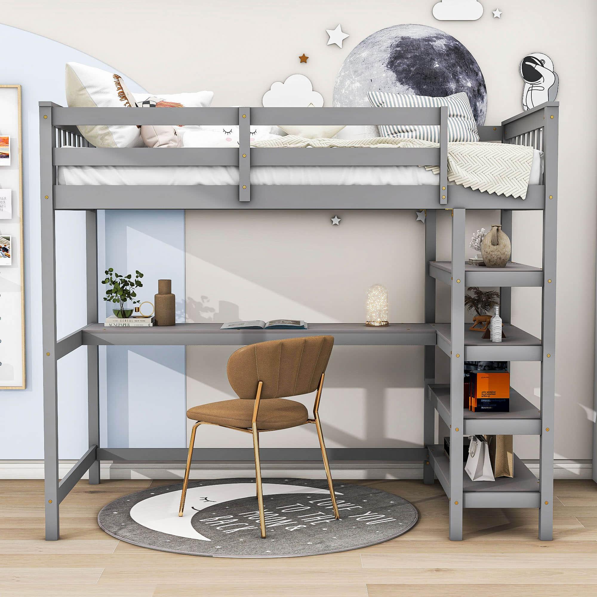 Wood Twin Loft Bed with Desk and Storage for Adults, Teens, Gamers