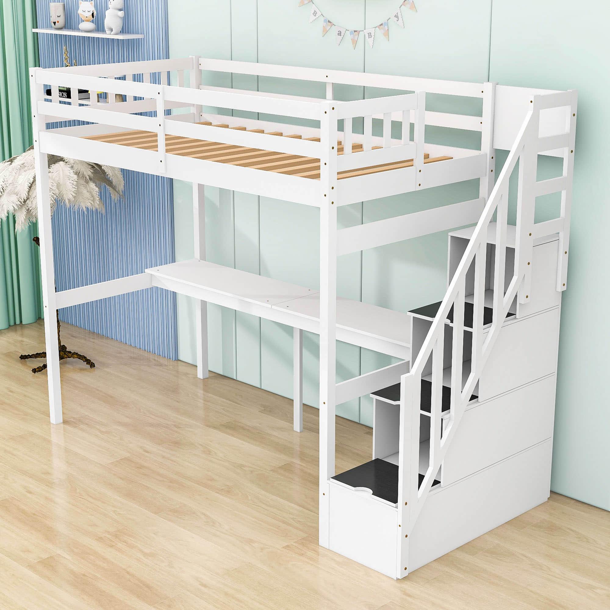 Twin Loft Bed with Desk and Storage Stairs for Adults, Kids, Teens