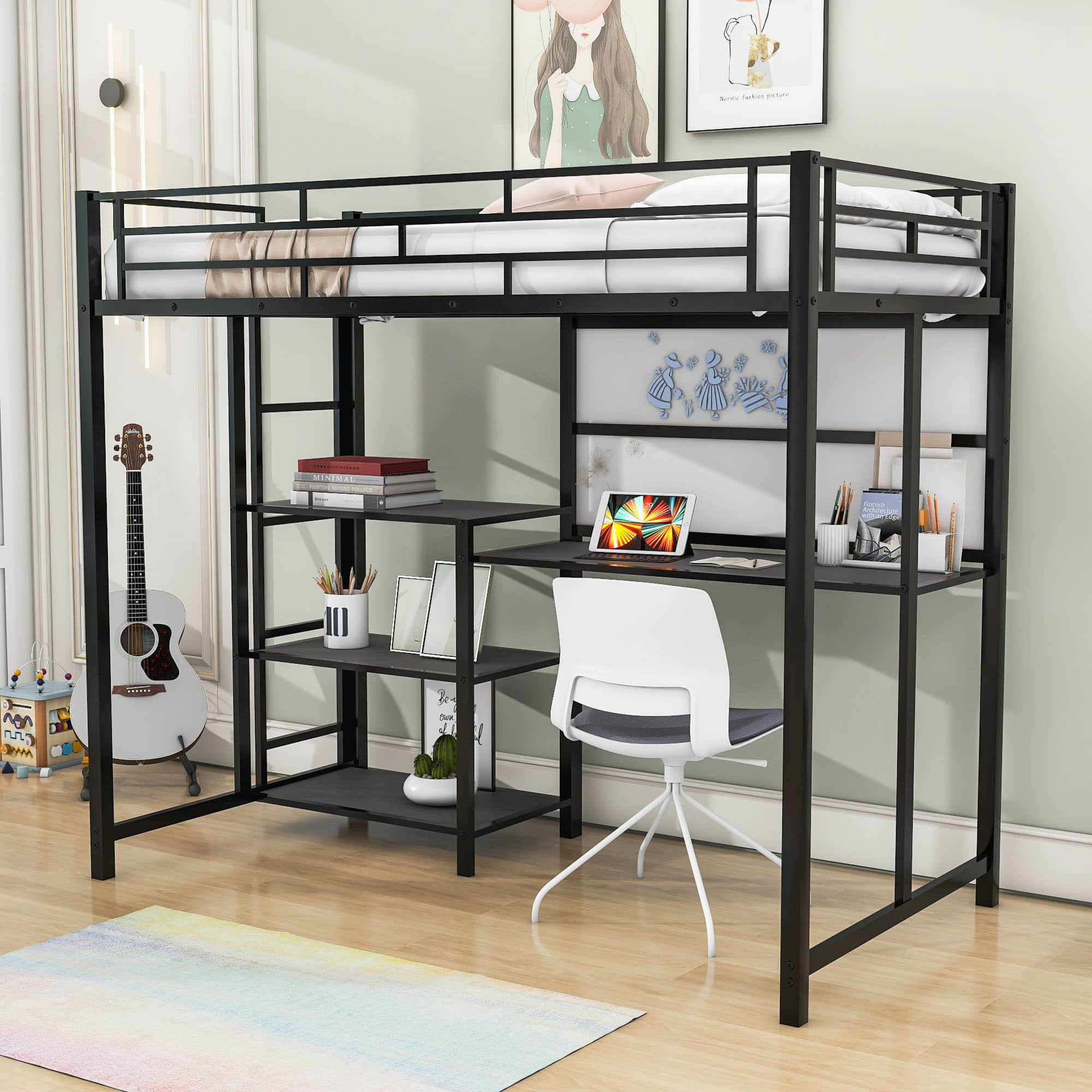 Metal Twin Loft Bed with Desk and Storage Shelves for Adults, Kids