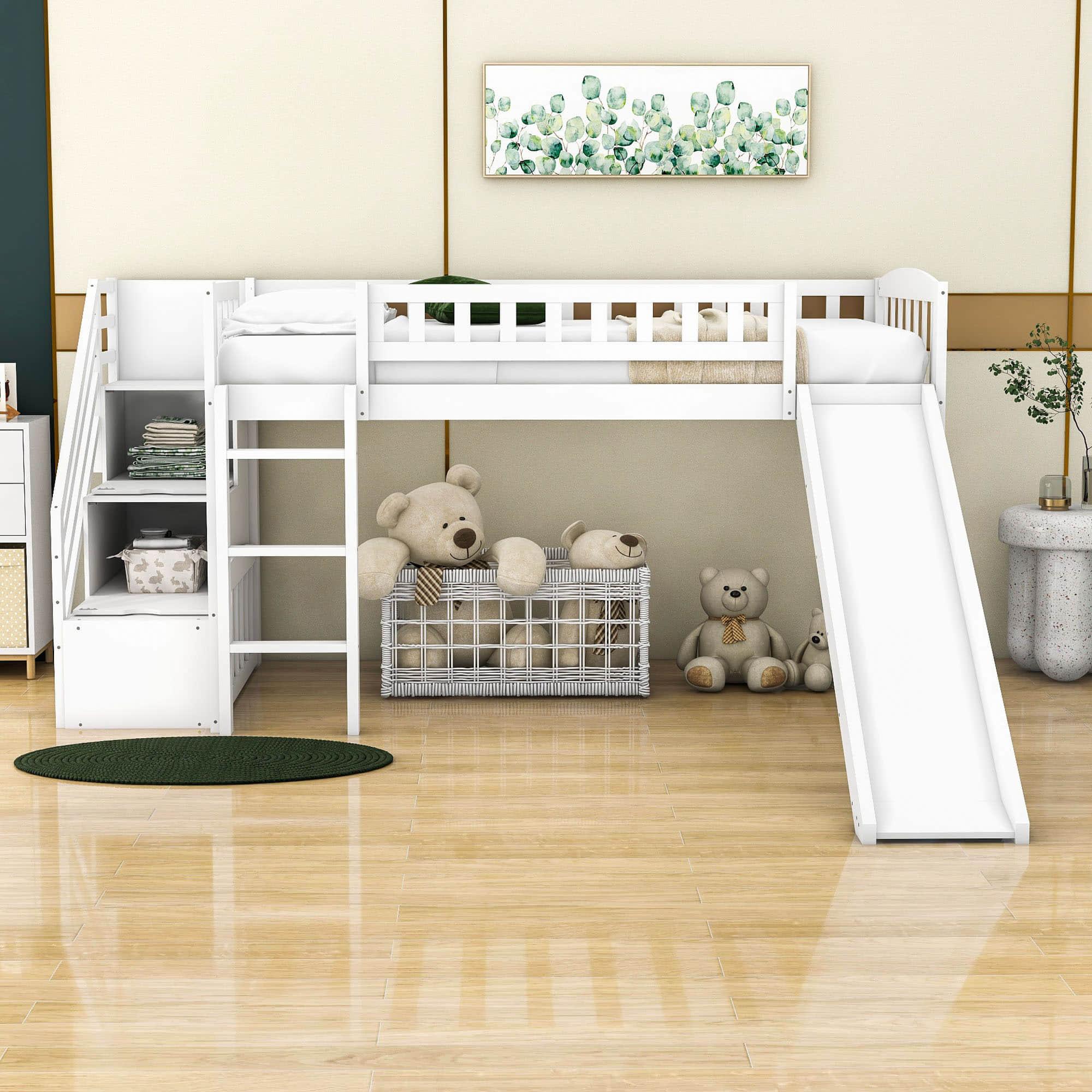 Low Twin Loft Bed with Storage Stairs and Slide - [Wood, Interchangeable]