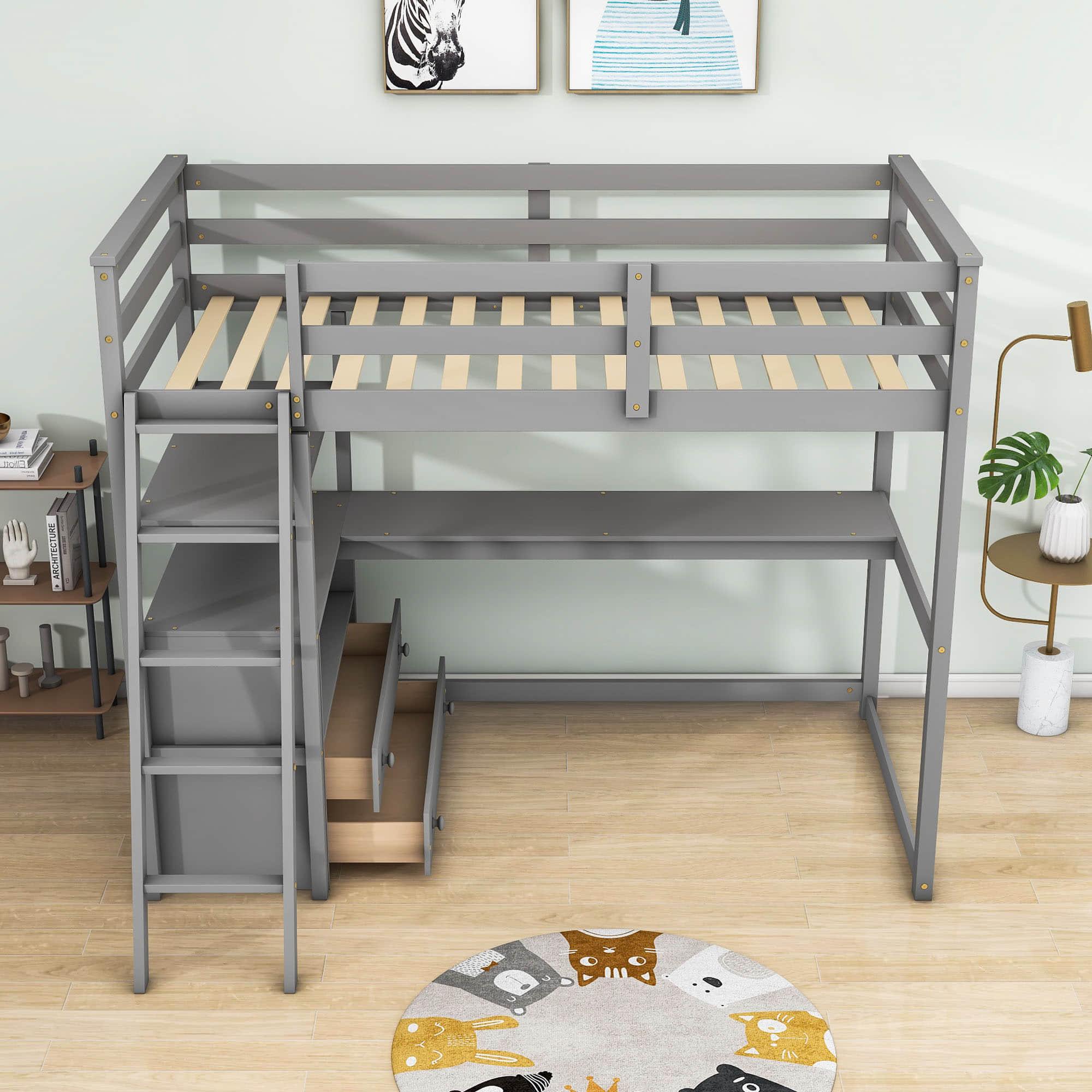 Twin Loft Bed with Desk and Storage Drawers, Shelves for Adult, Kids, Jr - [Wood]