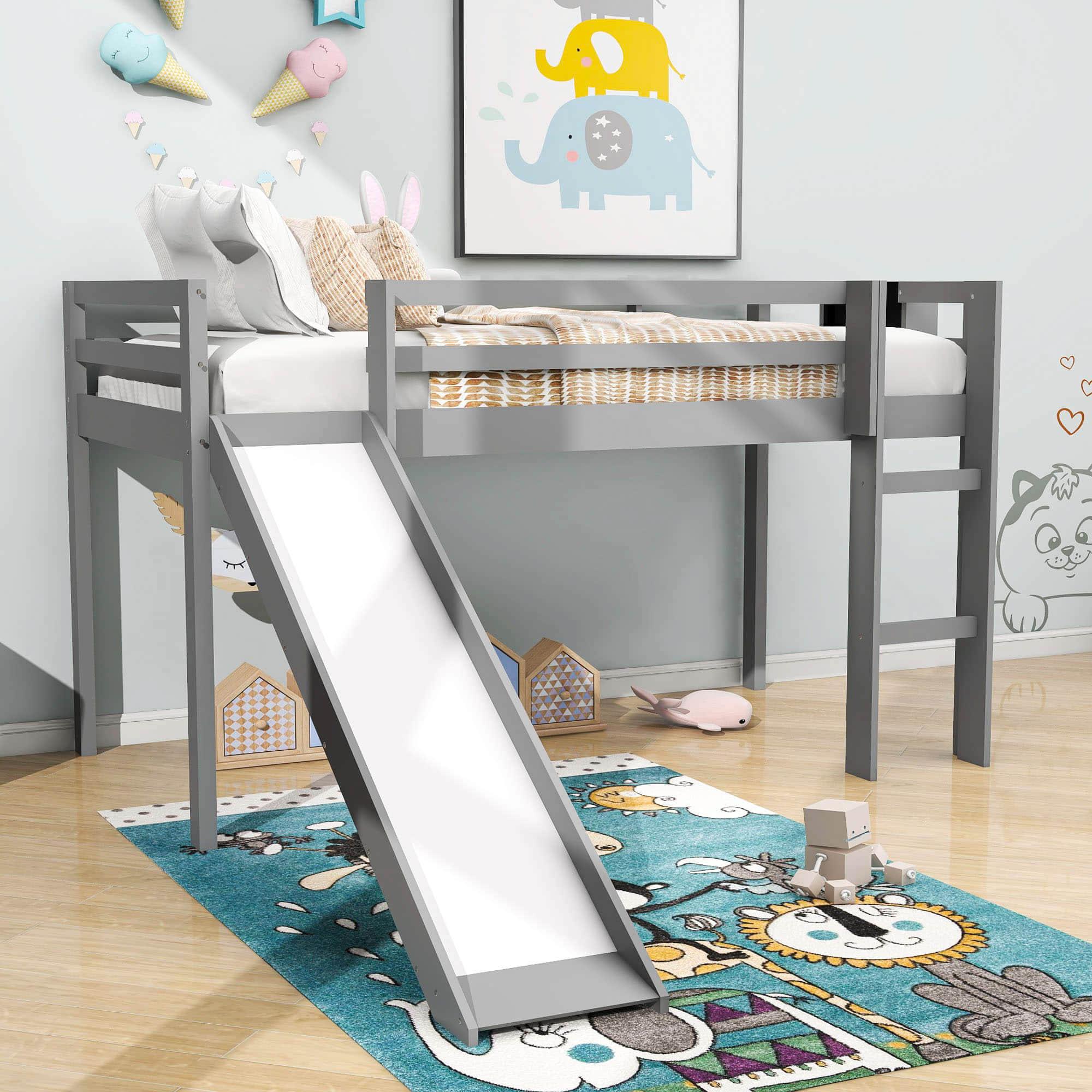 Low Twin Loft Bed with Slide and Chalkboard for Kids - [Wood, Interchangeable]