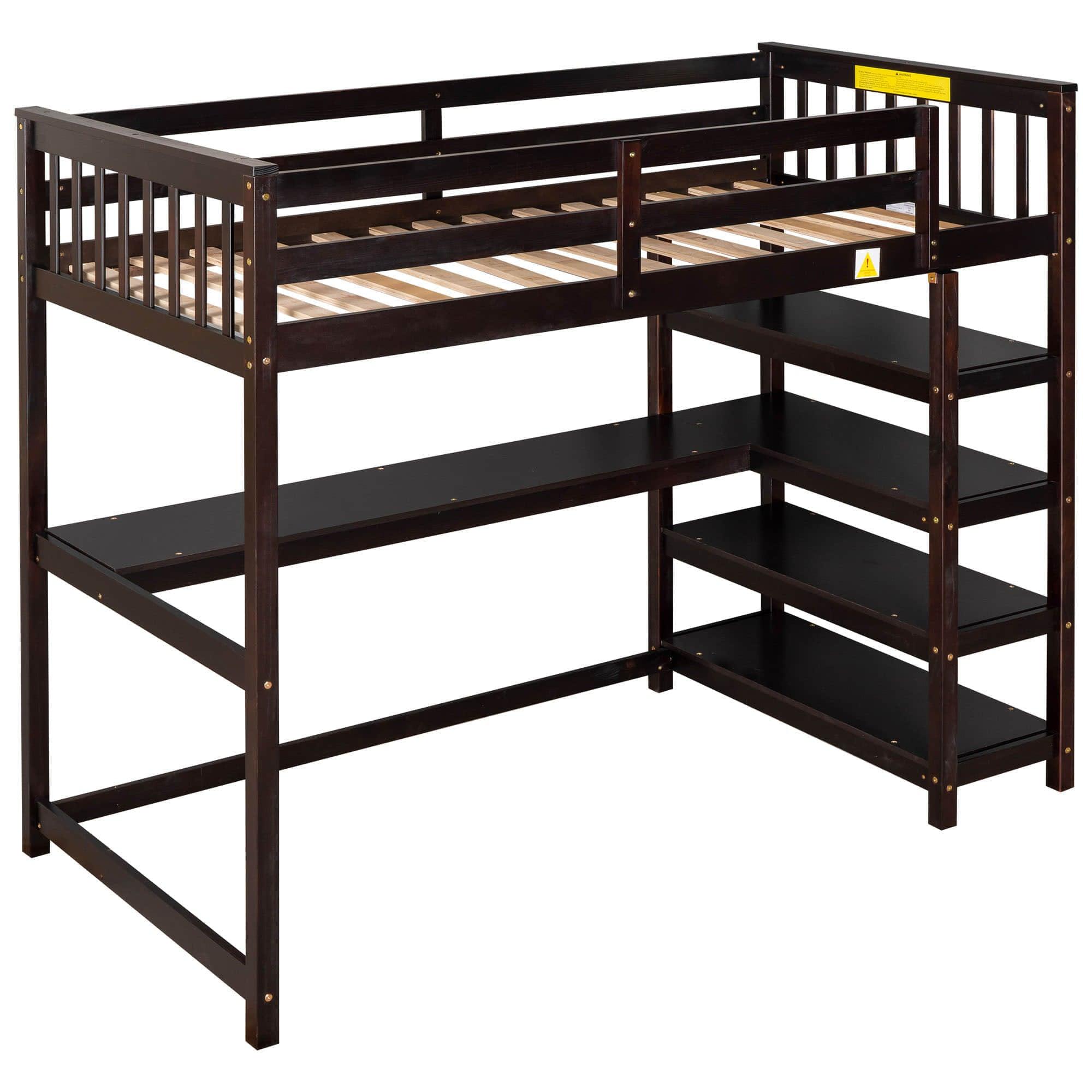 Wood Twin Loft Bed with Desk and Storage for Adults, Teens, Gamers