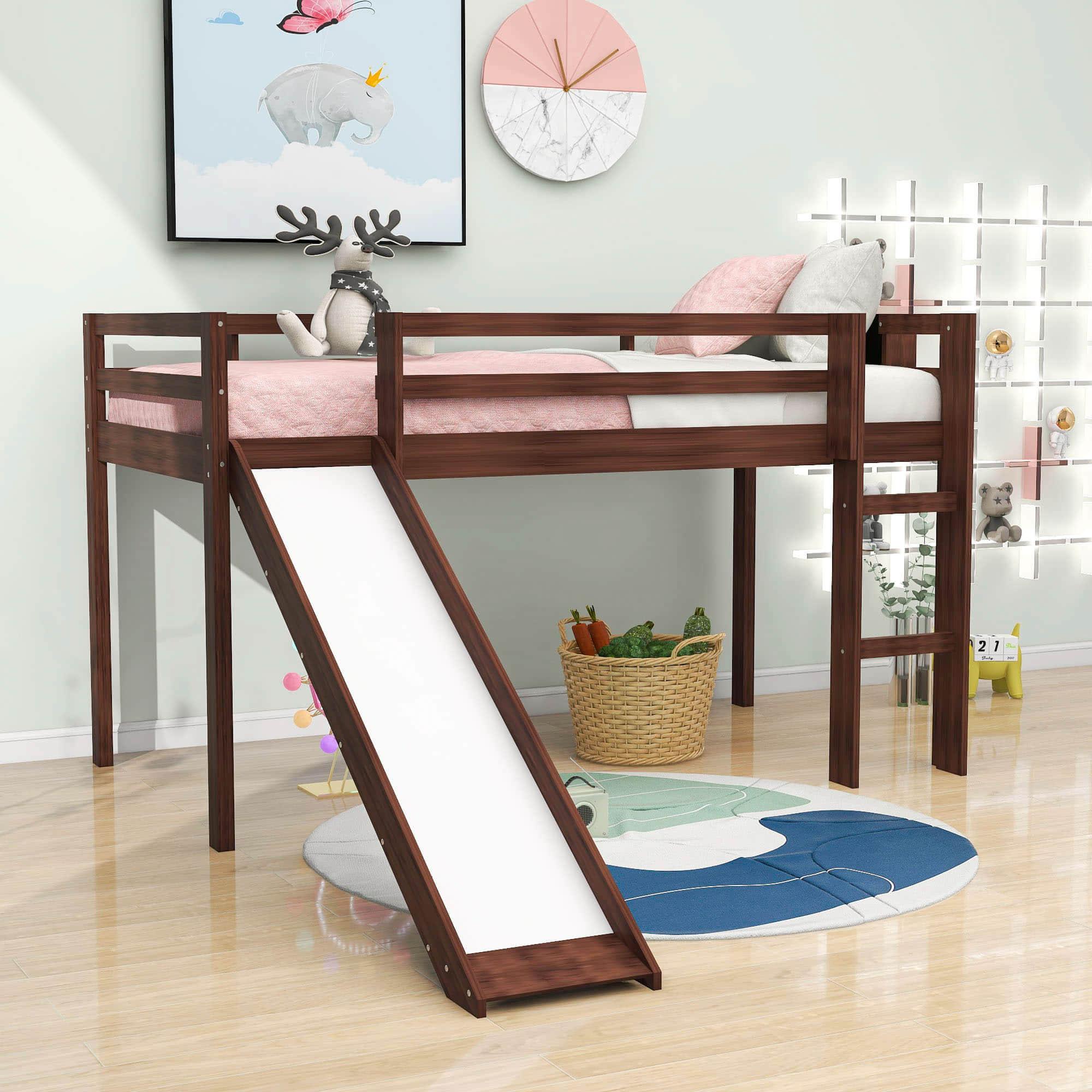 Low Twin Loft Bed with Slide and Chalkboard for Kids - [Wood, Interchangeable]