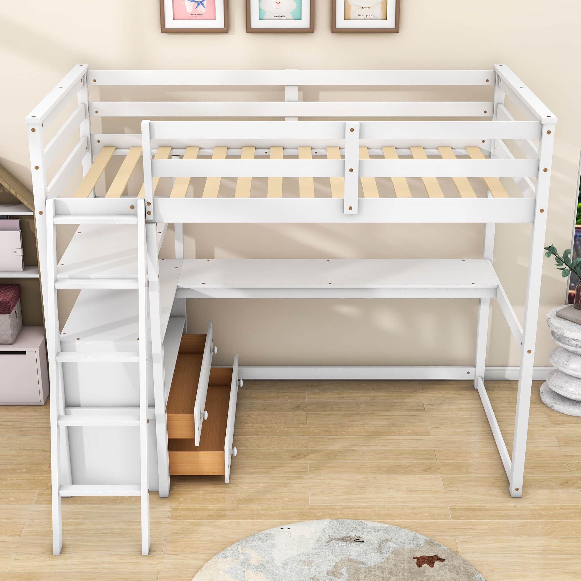 Twin Loft Bed with Desk and Storage Drawers, Shelves for Adult, Kids, Jr - [Wood]