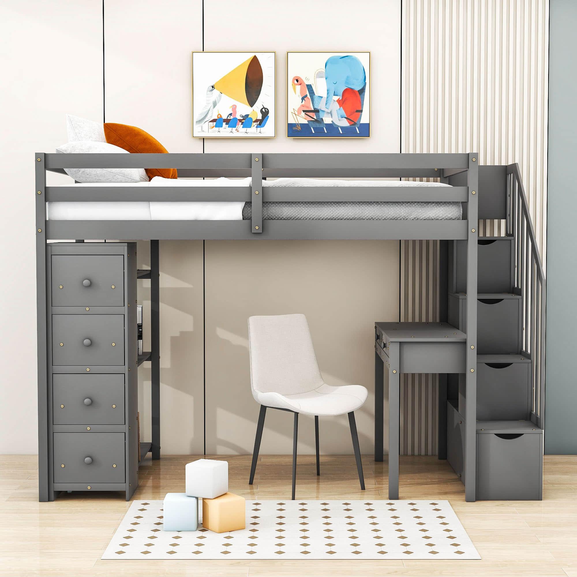 Wood Twin Loft Bed with Desk and Storage, Stairs - [Drawers, Shelves]