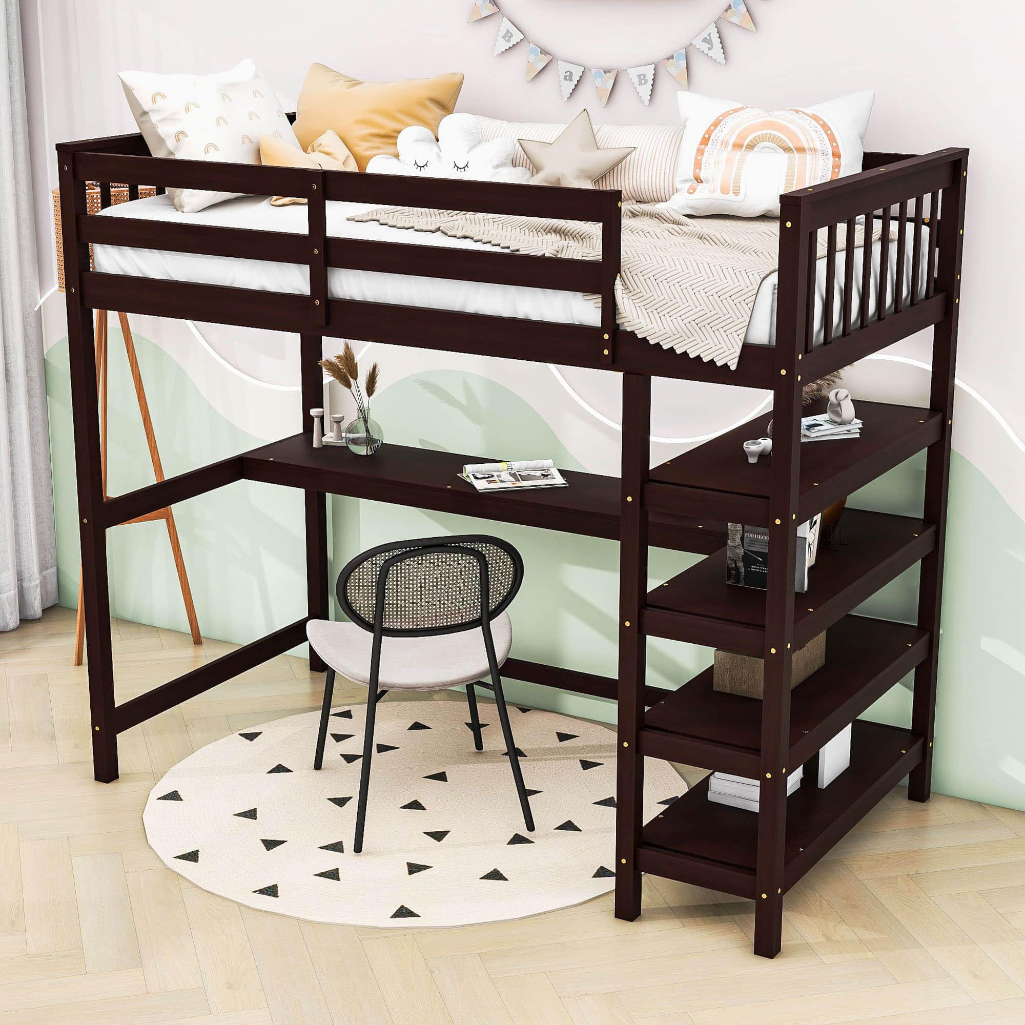 Wood Twin Loft Bed with Desk and Storage for Adults, Teens, Gamers