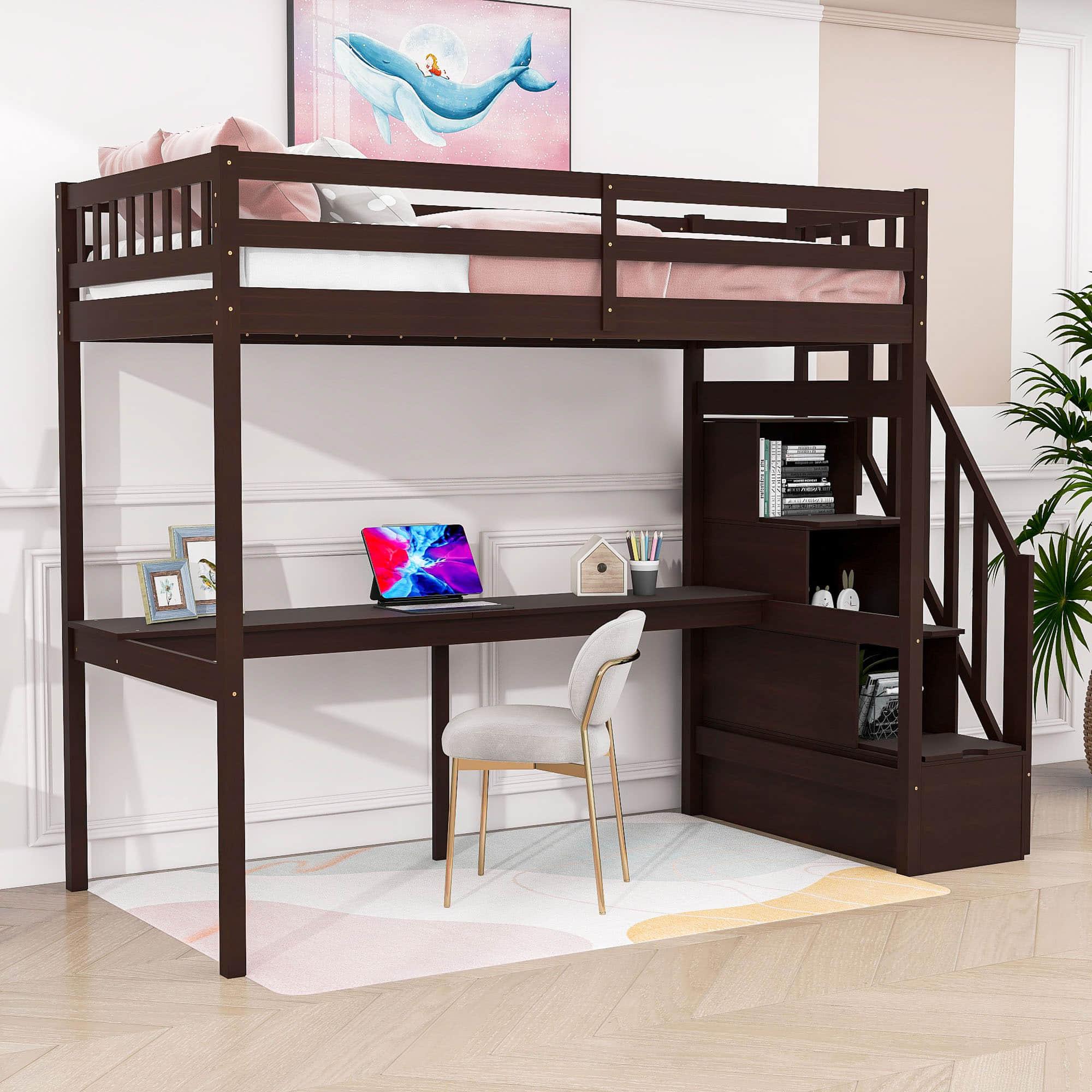 Twin Loft Bed with Desk and Storage Stairs for Adults, Kids, Teens