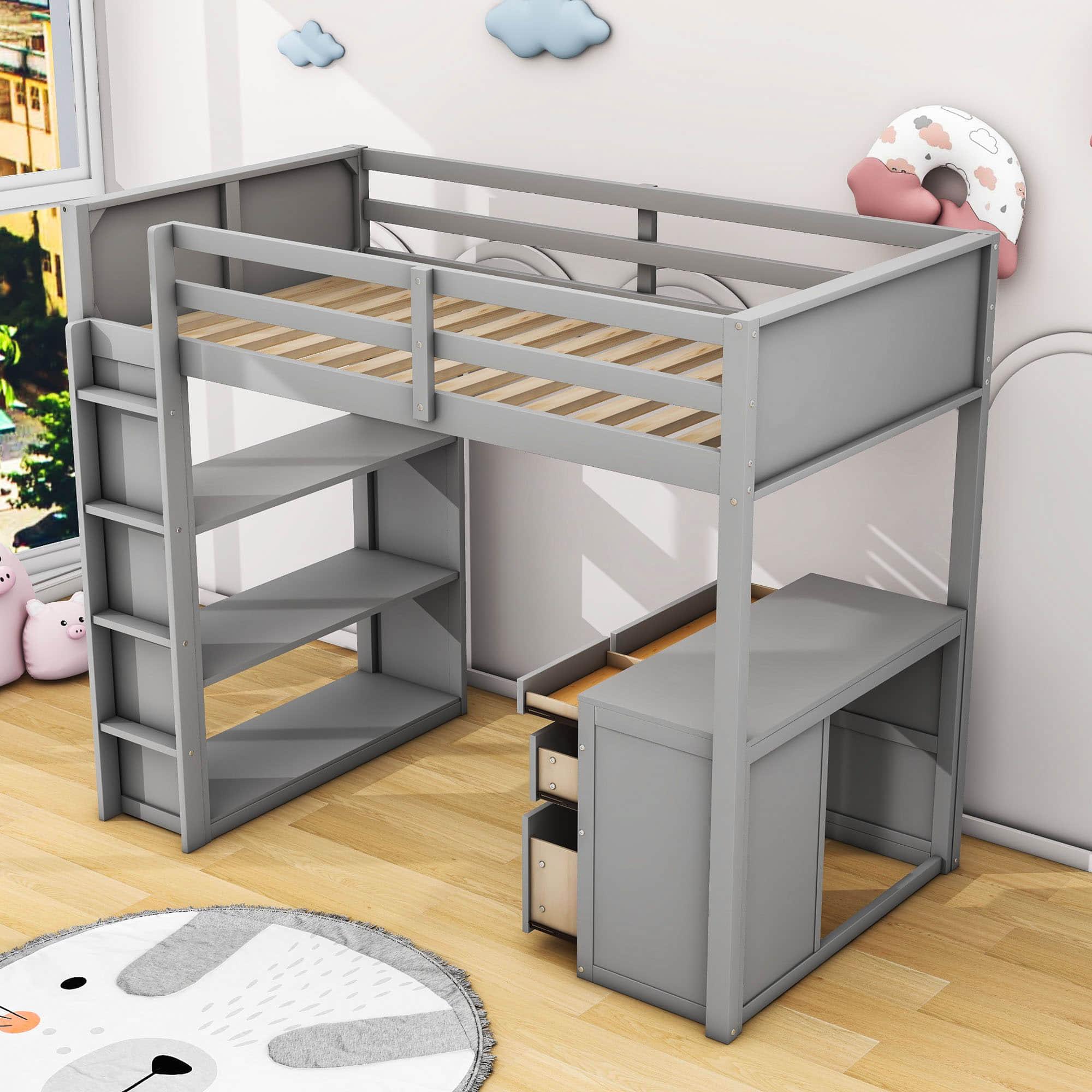 Twin Size Loft Bed with Desk and Storage Drawers, Shelves for Adults, Kids - [Wood]