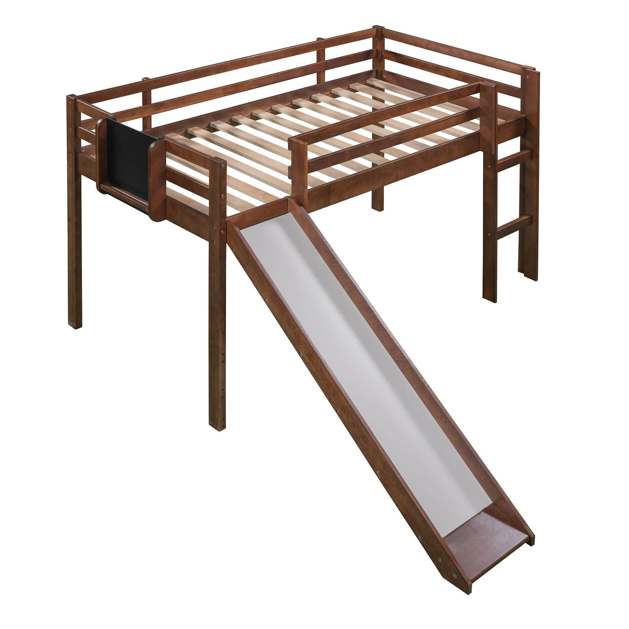 Low Twin Loft Bed with Slide and Chalkboard for Kids - [Wood, Interchangeable]