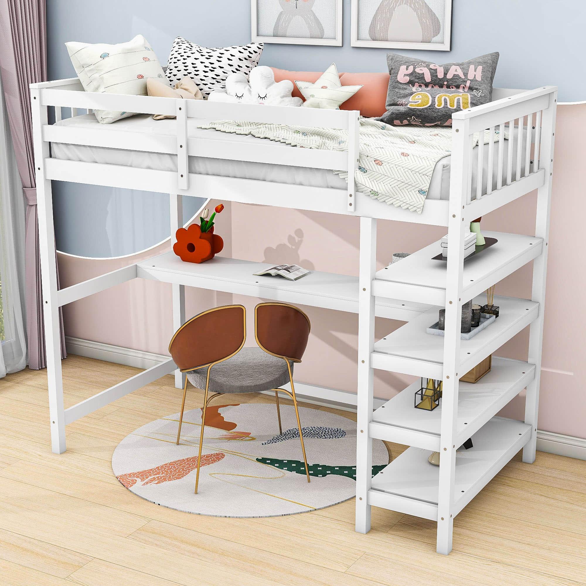 Wood Twin Loft Bed with Desk and Storage for Adults, Teens, Gamers