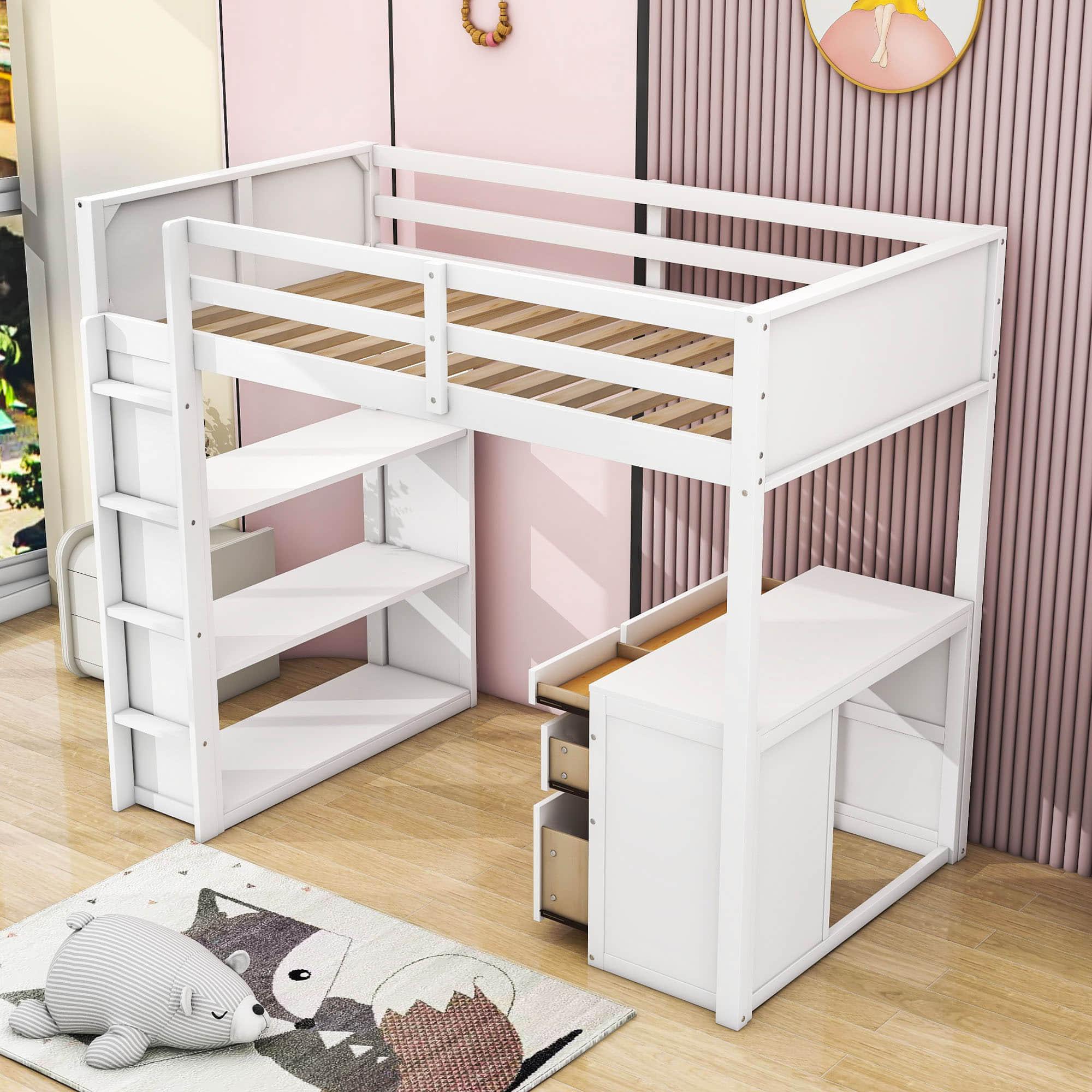 Twin Size Loft Bed with Desk and Storage Drawers, Shelves for Adults, Kids - [Wood]