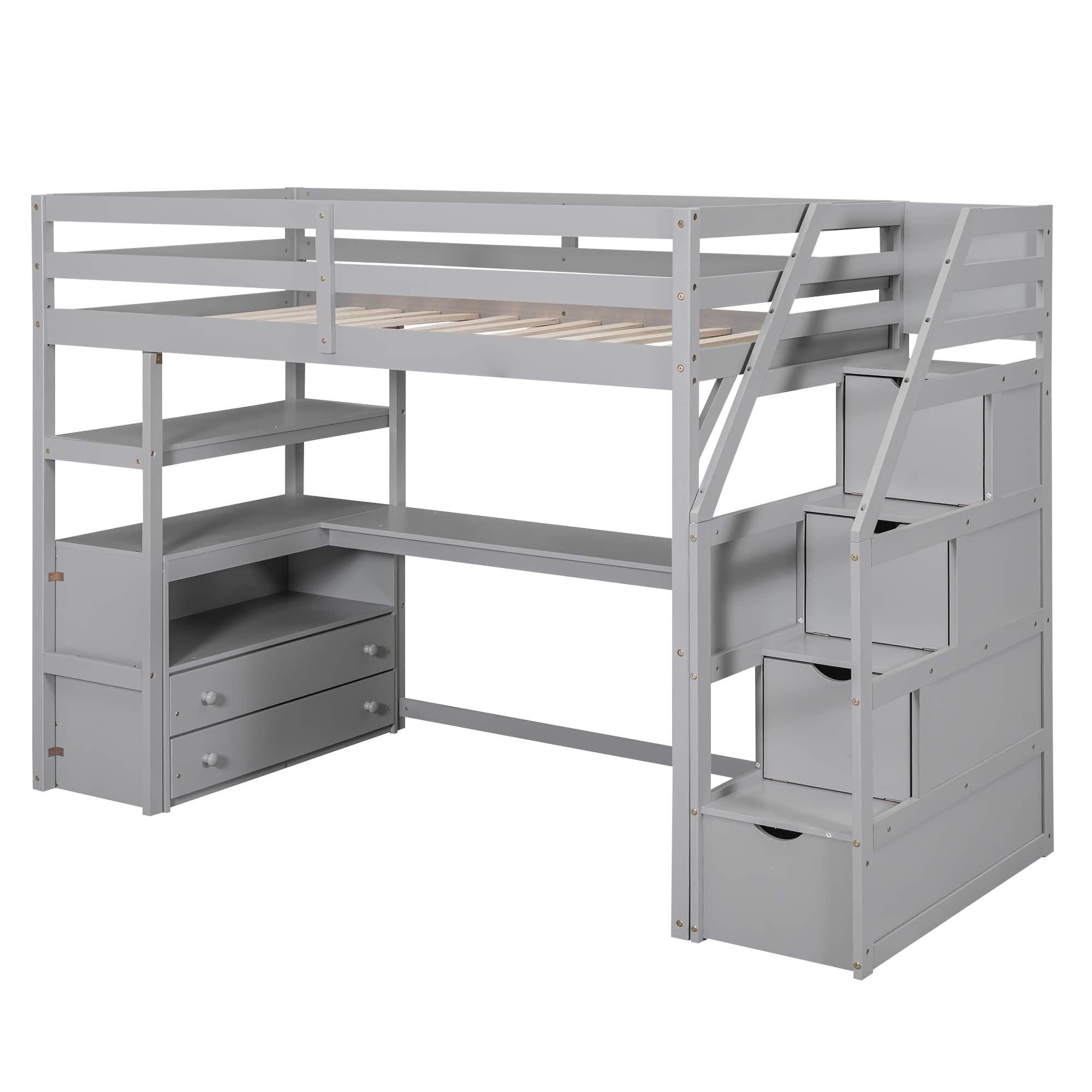 Twin Loft Bed with Desk and Stairs, Storage for Kids, Adults - [Wooden]