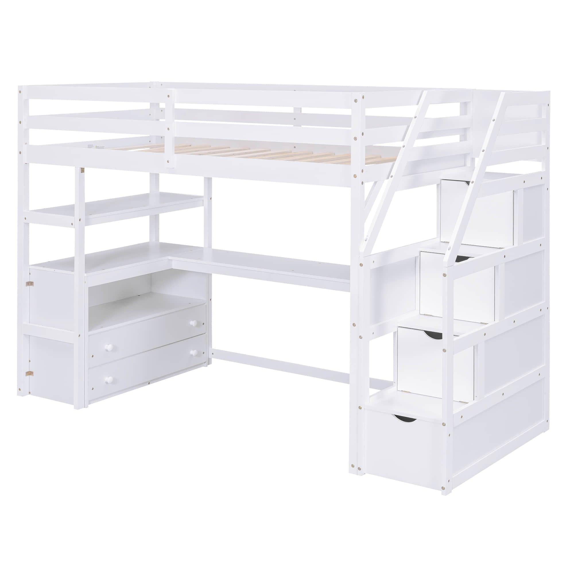 Twin Loft Bed with Desk and Stairs, Storage for Kids, Adults - [Wooden]