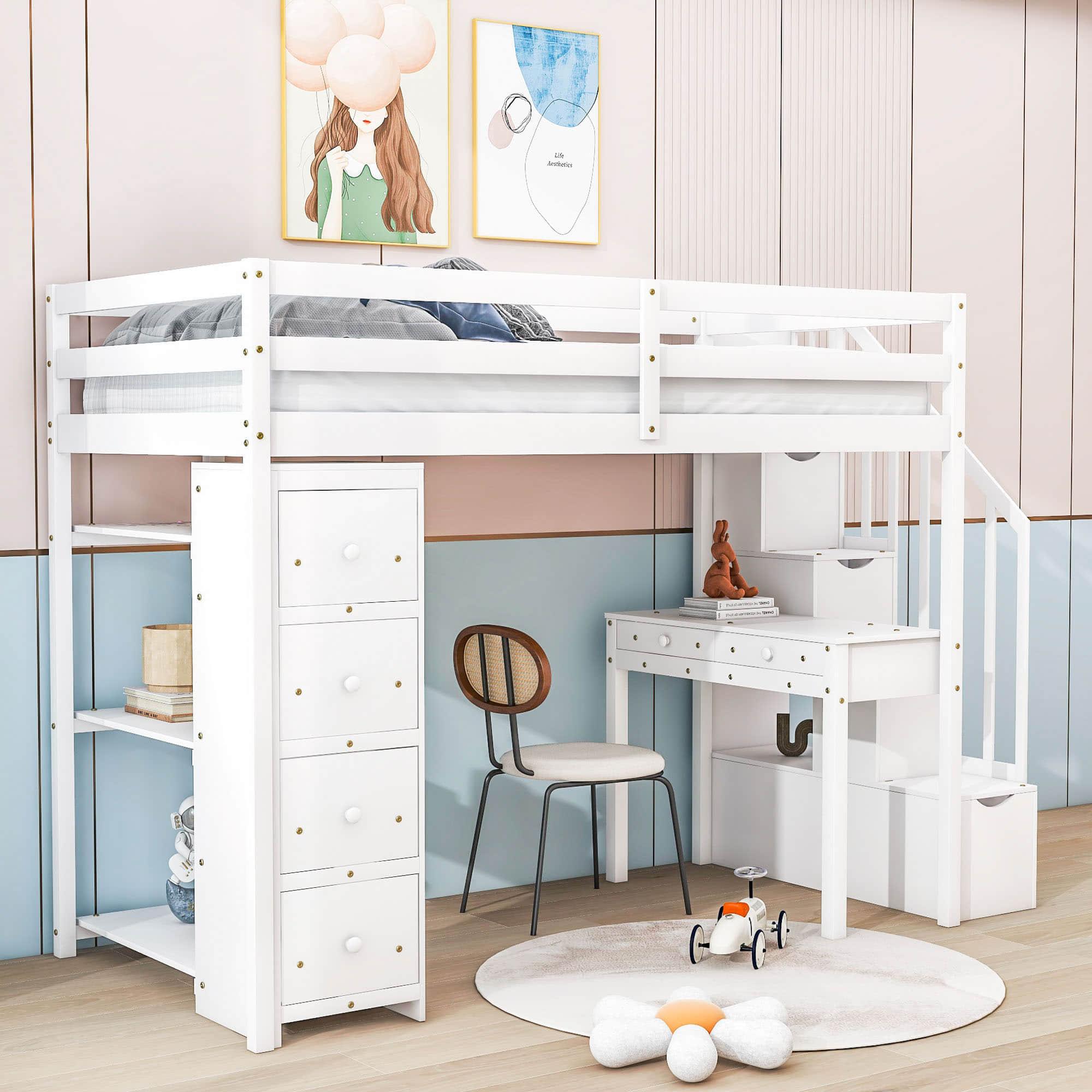 Wood Twin Loft Bed with Desk and Storage, Stairs - [Drawers, Shelves]