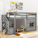 Wooden Low Twin Loft Bed with Storage Stairs for Kids, Toddler