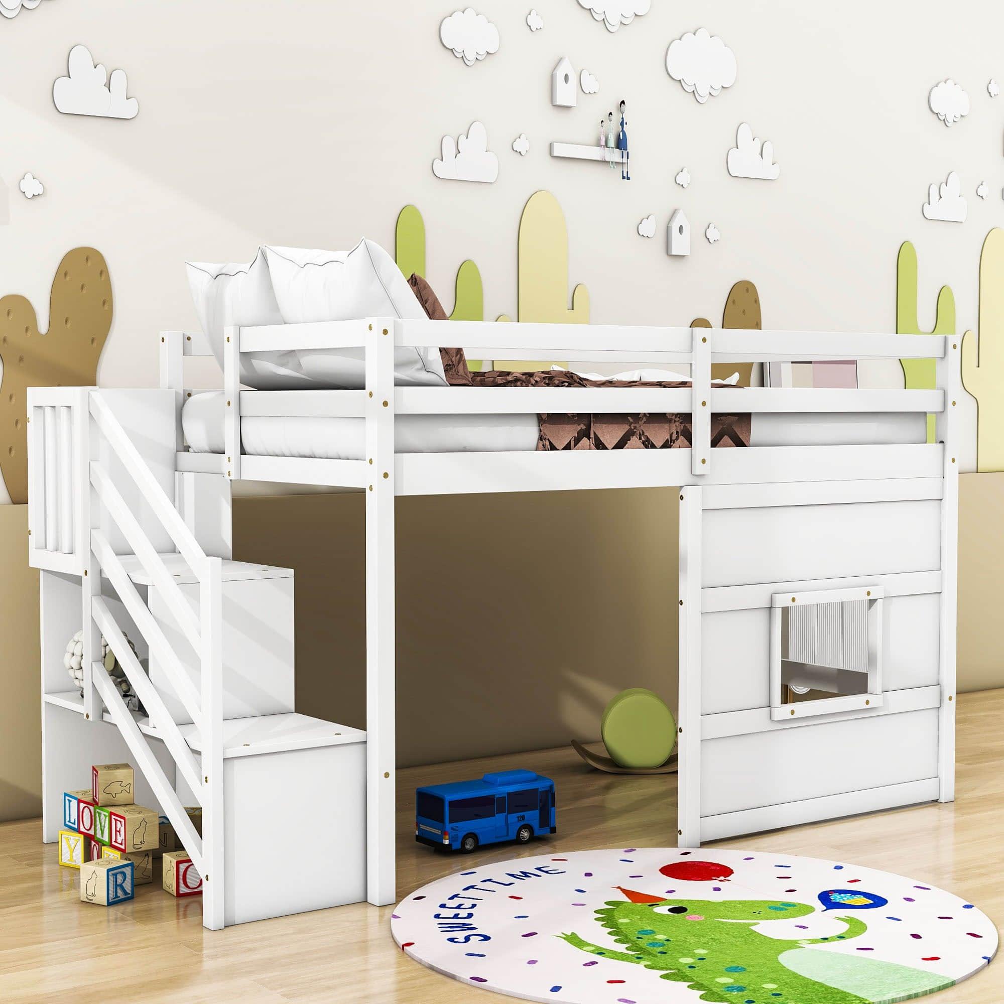 Wooden Low Twin Loft Bed with Storage Stairs for Kids, Toddler