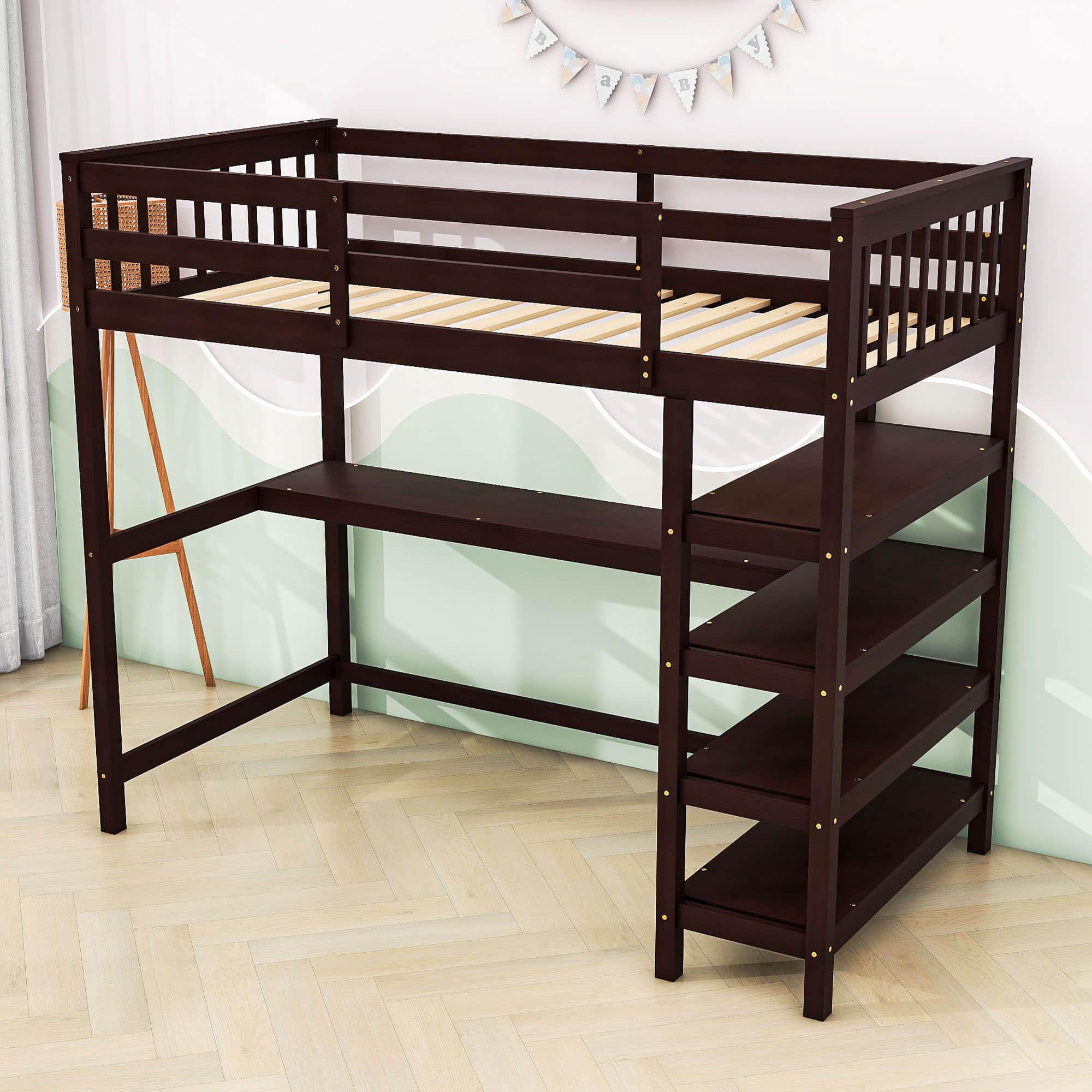 Wood Twin Loft Bed with Desk and Storage for Adults, Teens, Gamers