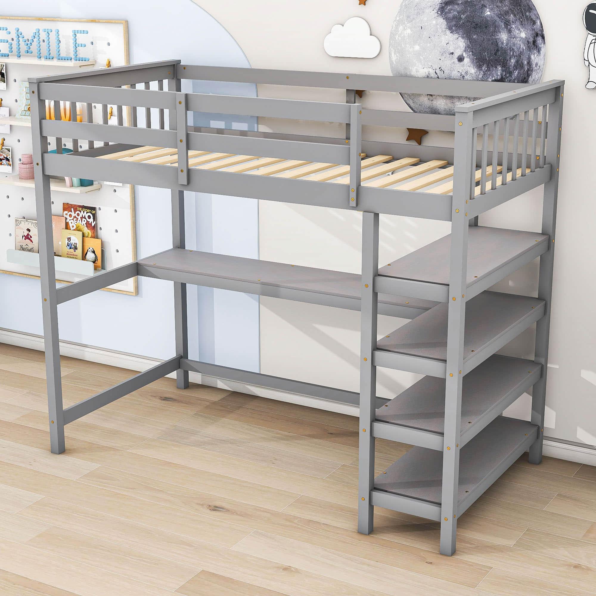 Wood Twin Loft Bed with Desk and Storage for Adults, Teens, Gamers