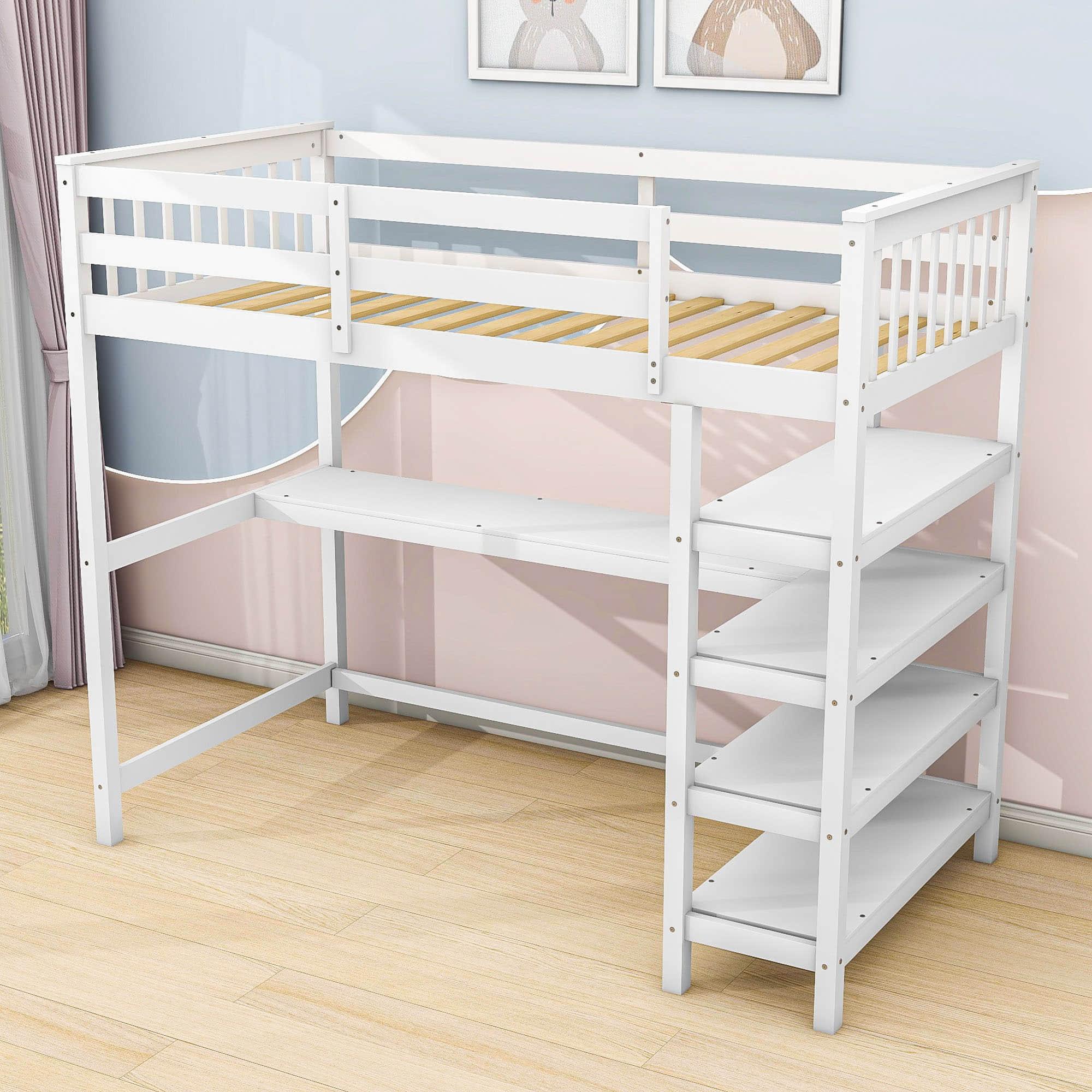 Wood Twin Loft Bed with Desk and Storage for Adults, Teens, Gamers