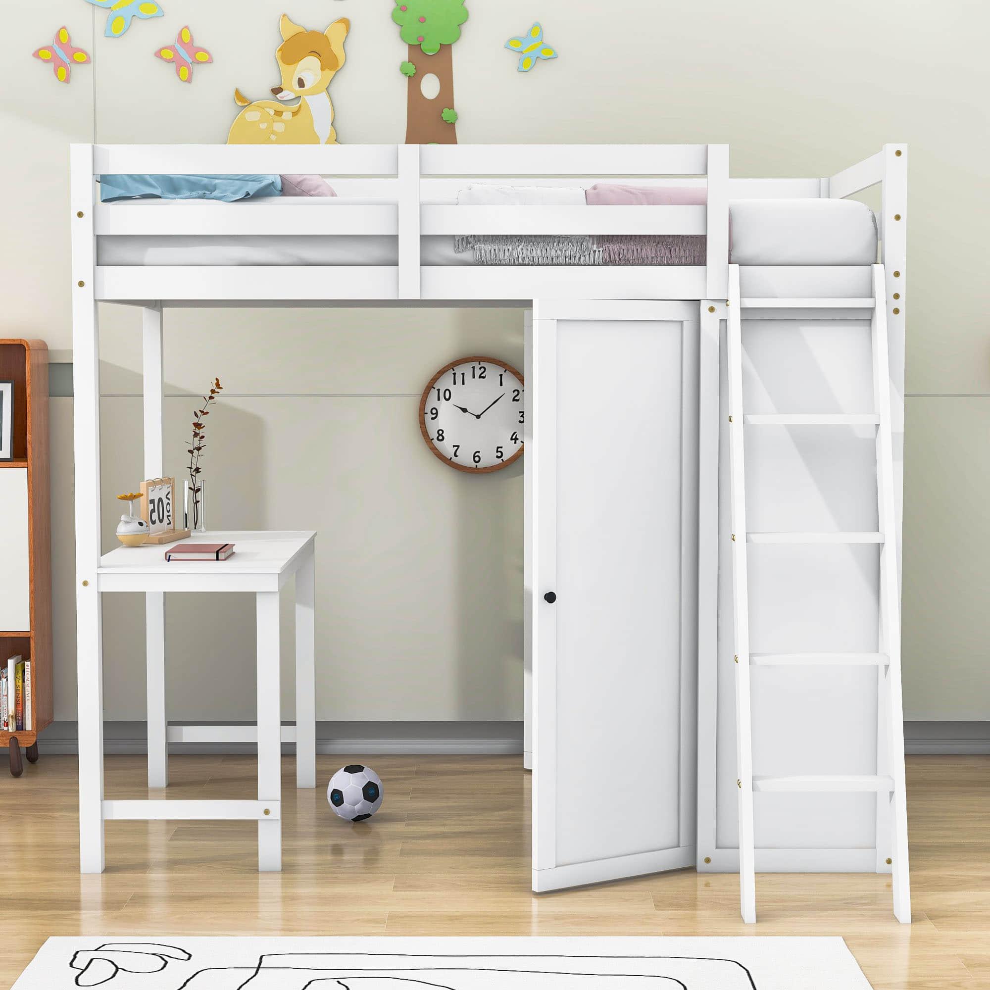 Wood Twin Loft Bed with Desk and Storage for Adults, Kids - [Wardrobe]