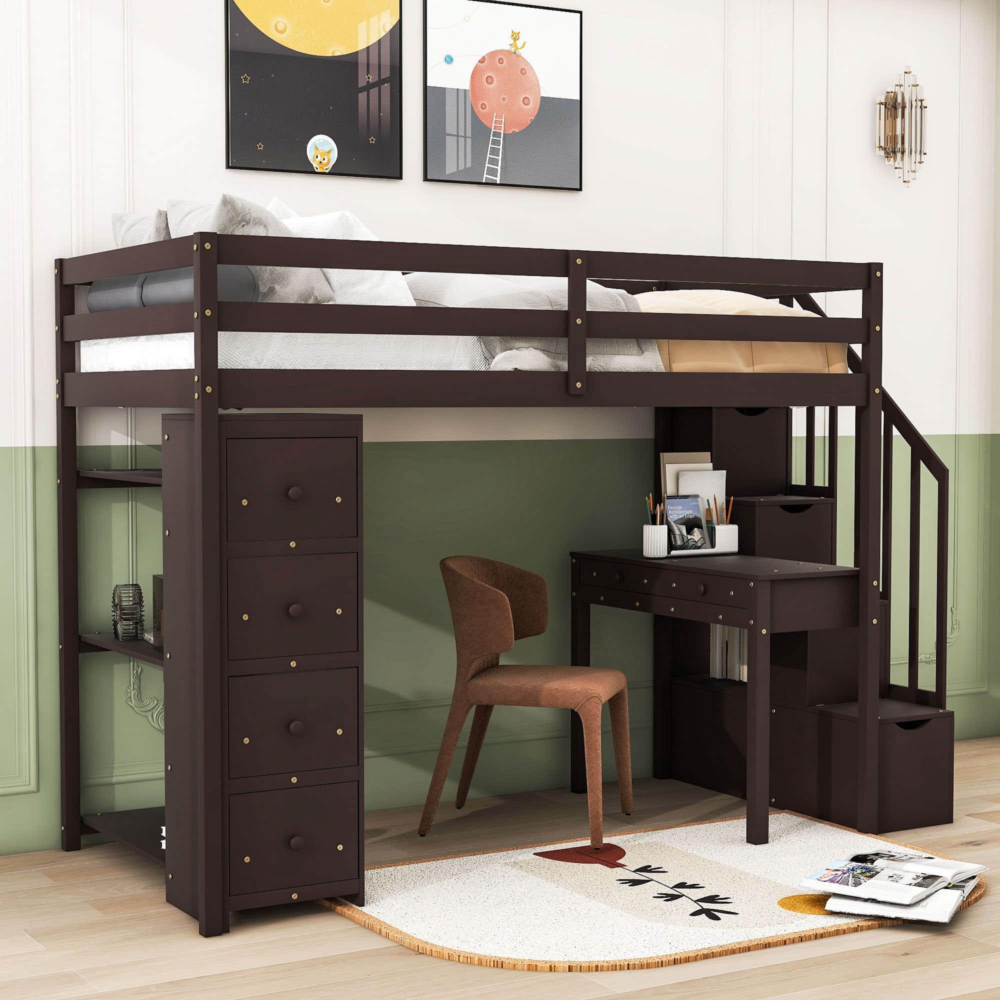 Wood Twin Loft Bed with Desk and Storage, Stairs - [Drawers, Shelves]