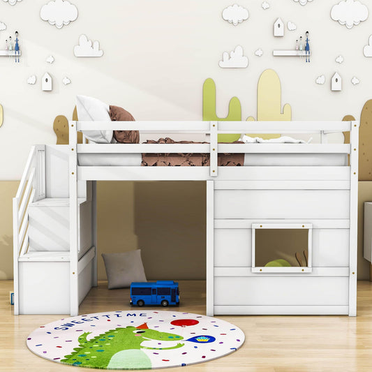 Wooden Low Twin Loft Bed with Storage Stairs for Kids, Toddler