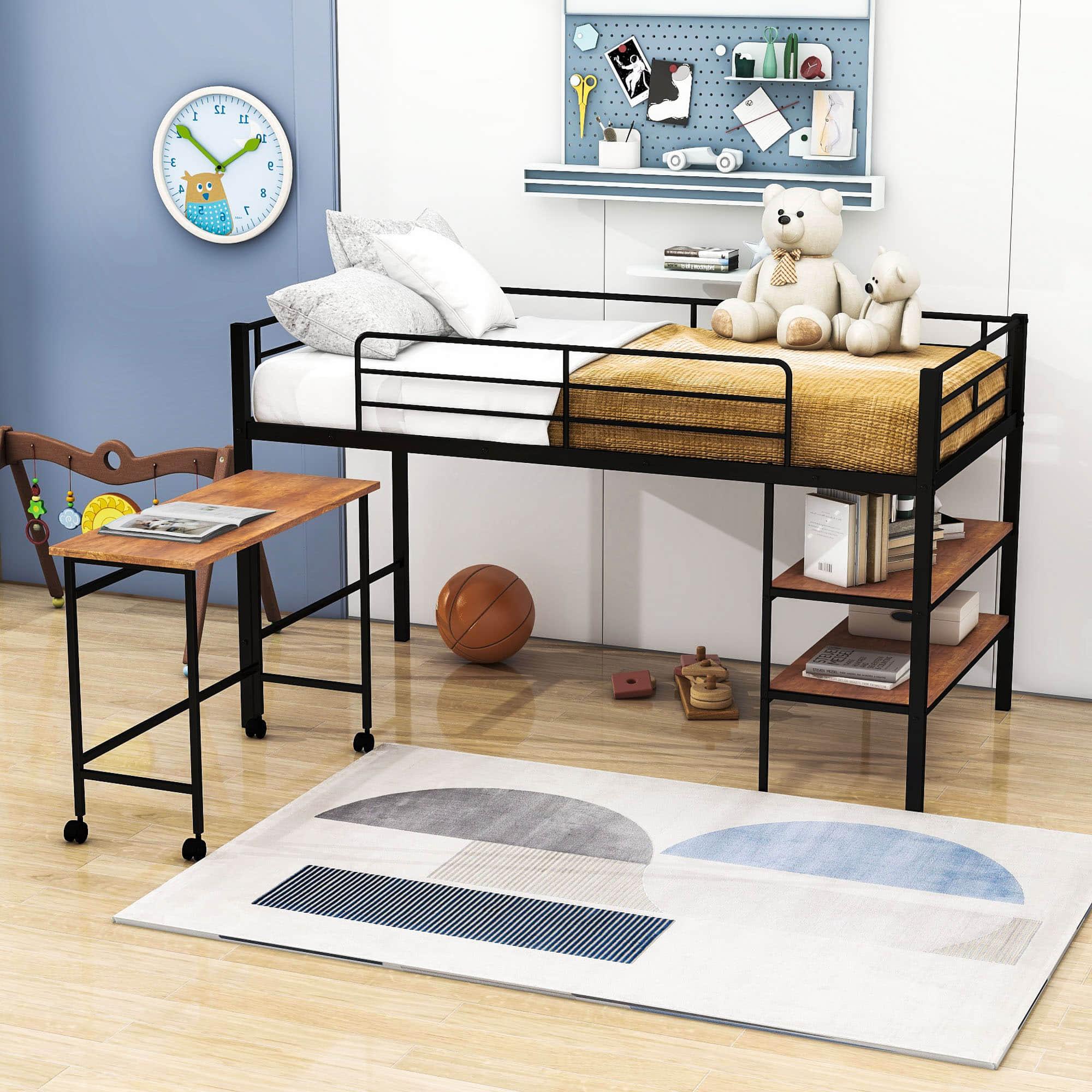 Metal Low Twin Loft Bed with Desk and Storage Shelves for Kids