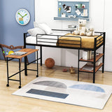 Metal Low Twin Loft Bed with Desk and Storage Shelves for Kids