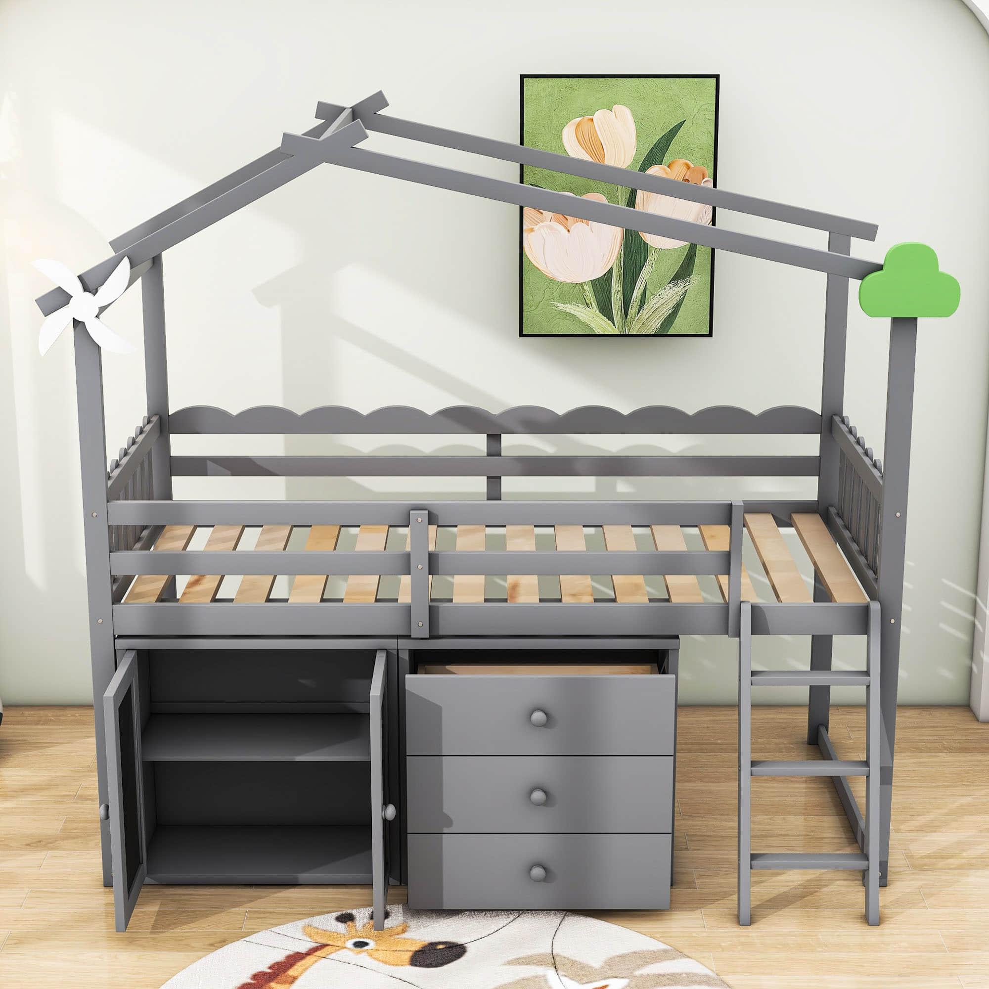 Twin Size Low House Loft Bed with Storage for Kids - [Cabinet, Drawers]