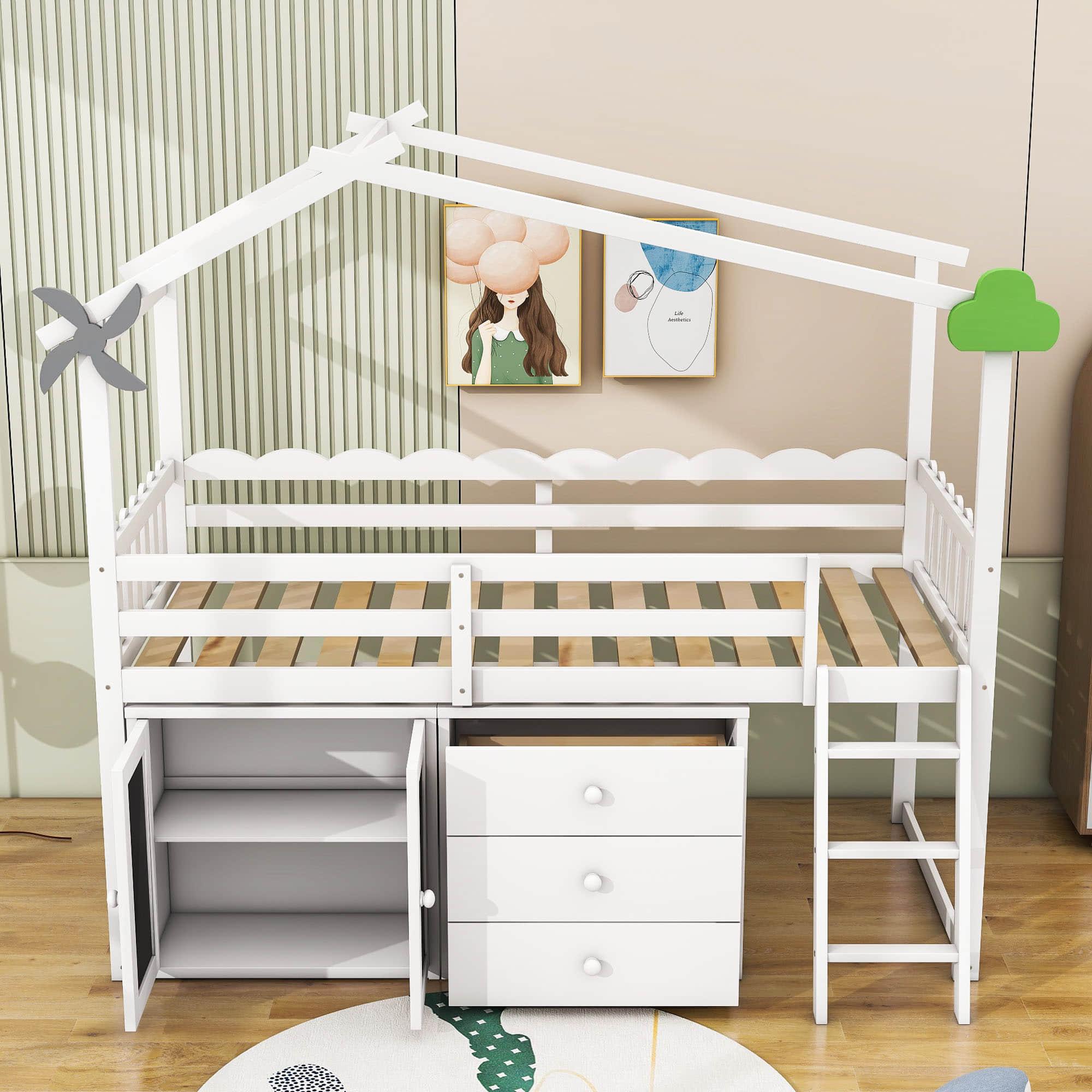 Twin Size Low House Loft Bed with Storage for Kids - [Cabinet, Drawers]