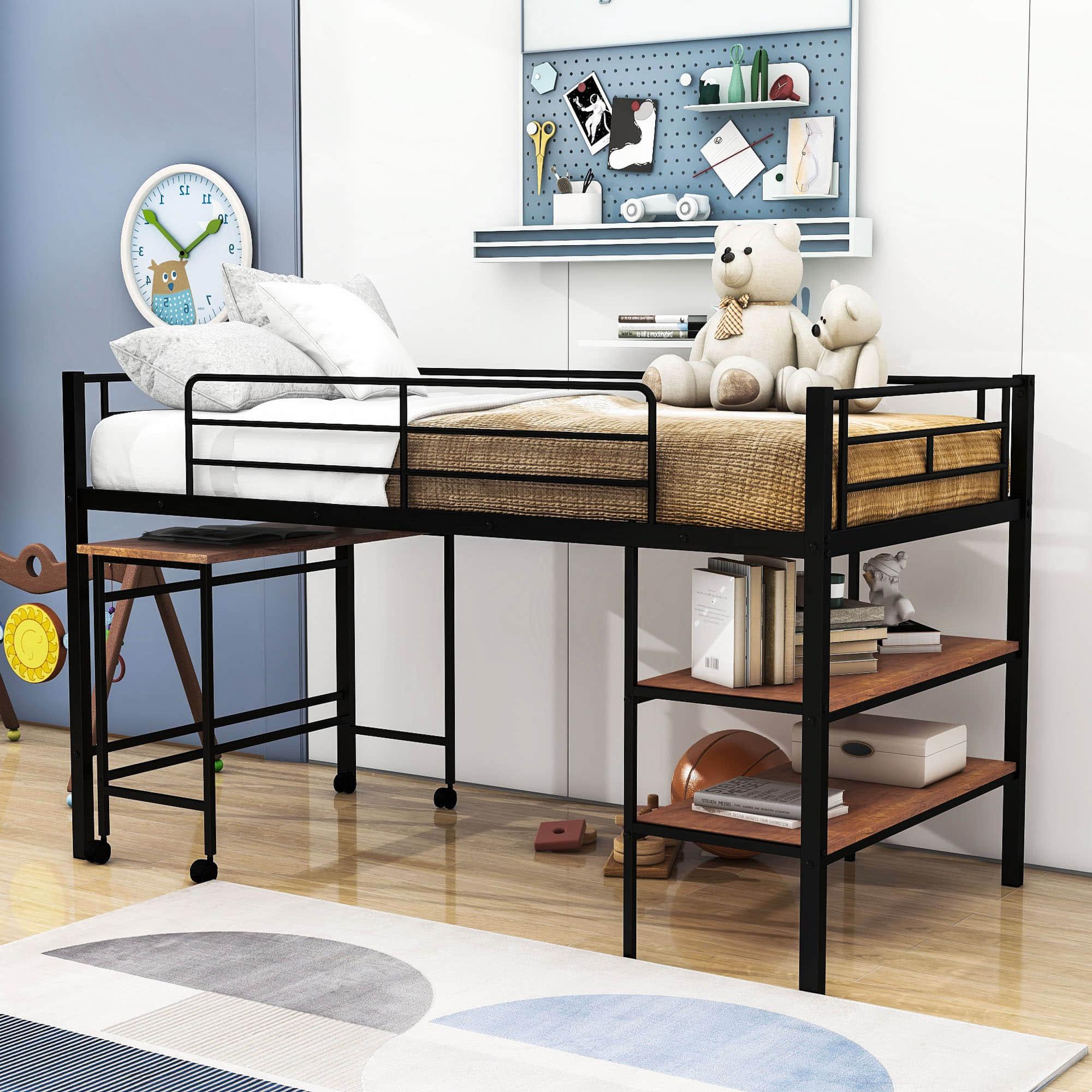 Metal Low Twin Loft Bed with Desk and Storage Shelves for Kids